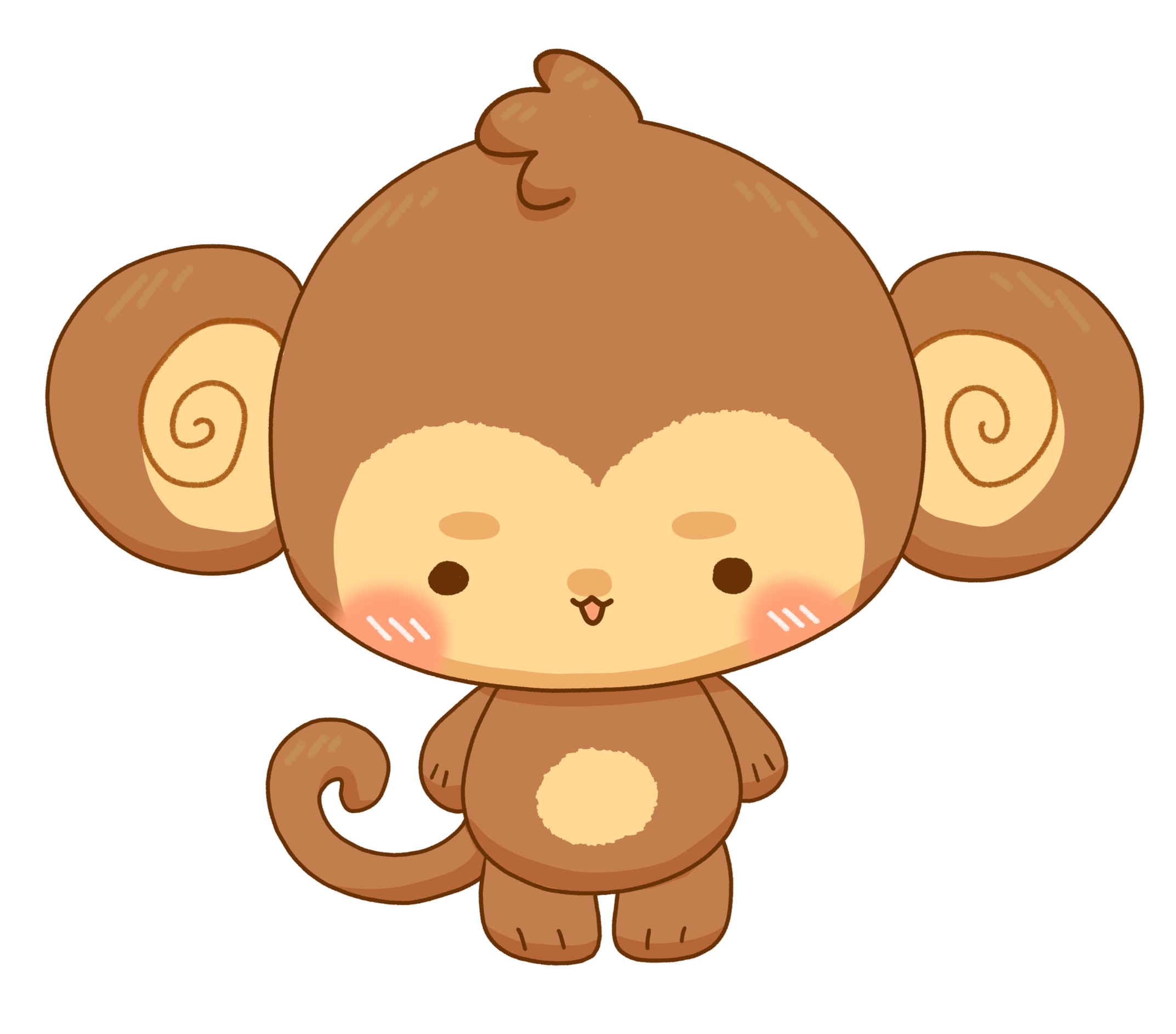 Sticker illustration of a cute monkey with big ears, a small tuft of hair on its head, and a long curled tail, standing on its hind legs with a cheerful expression.