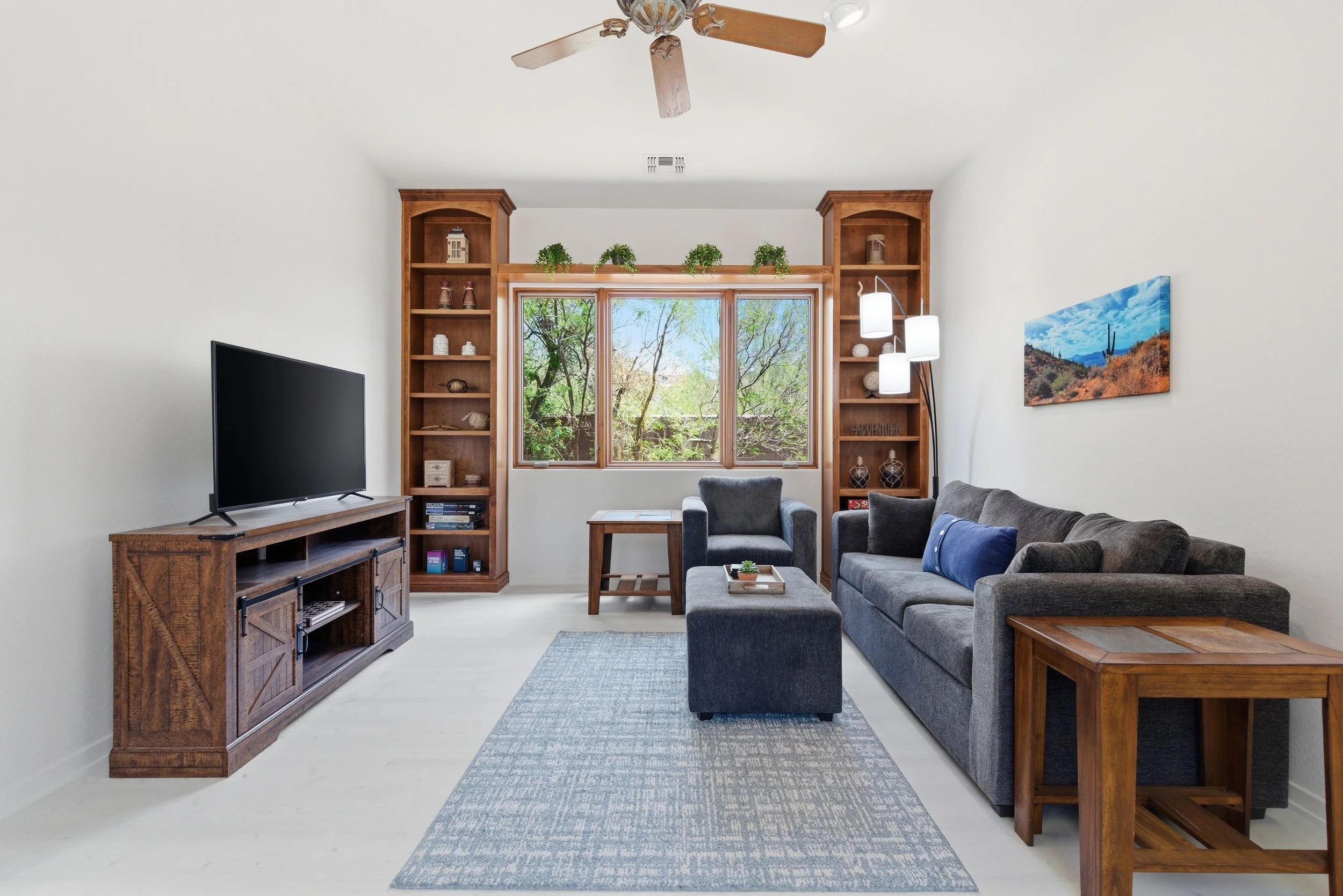 Living room with white walls, wooden built-in shelves, a window showing green trees outside, a gray sofa with blue pillows, a wooden coffee table, a television on a wooden stand, a gray armchair, a rug, a standing floor lamp, and a framed landscape picture of desert scenery with cactus on one wall.