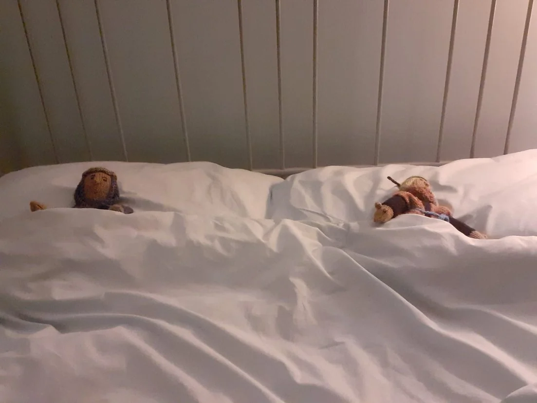 Two stuffed animal toys lying on a white bed with a wooden-paneled headboard in the background.