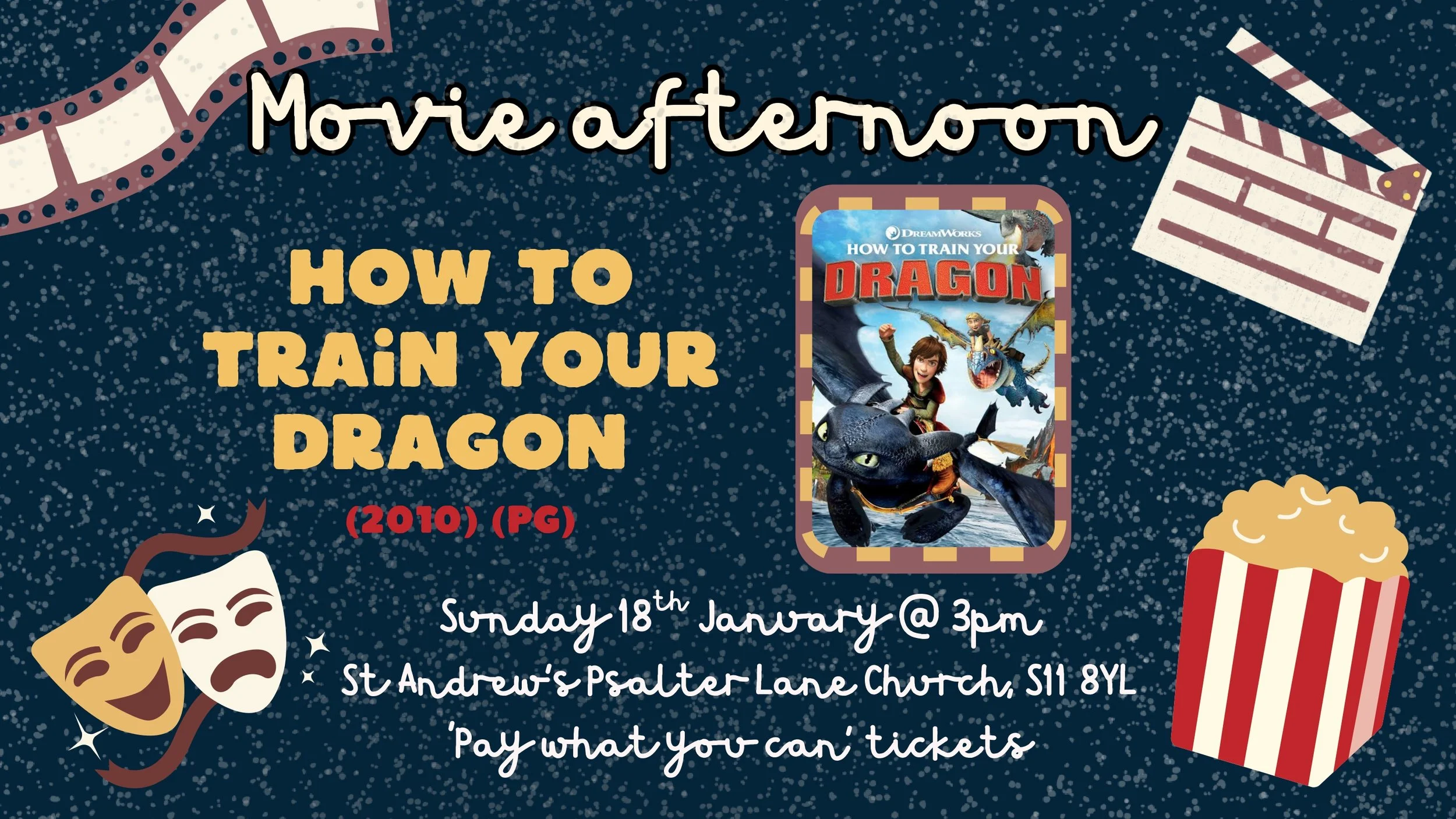 Event poster for a movie afternoon screening of 'How to Train Your Dragon' on January 18th at 3pm, at St. Andrew's Pslater Lane Church, with a playful space-themed background and icons of movie-related items like popcorn, a clapperboard, and comedy and tragedy masks.