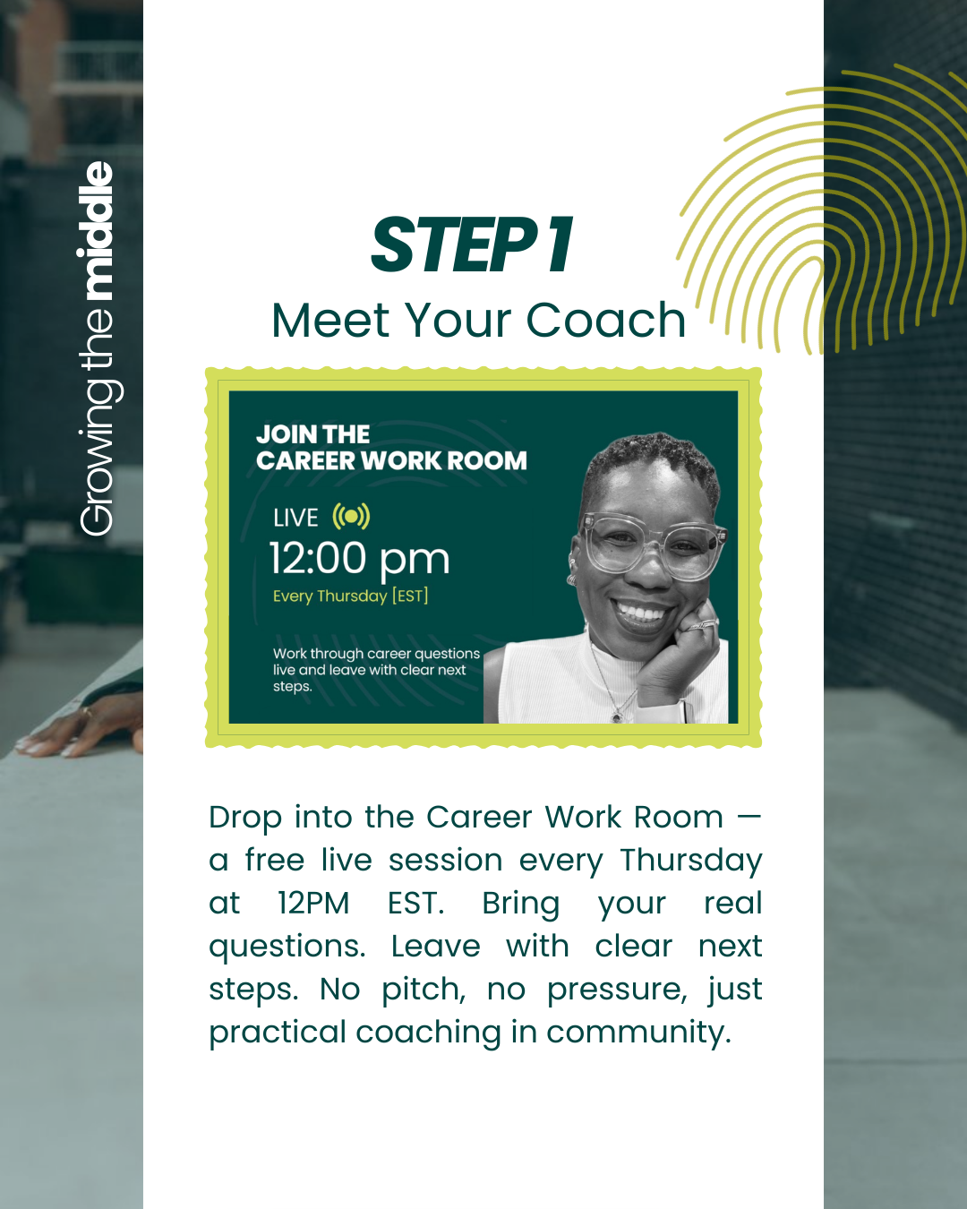 Promotional graphic for a career workshop hosted by Mariah Krystal, scheduled live every Thursday at 12:00 pm EST, featuring a woman with short hair and glasses smiling, with text about working through career questions.