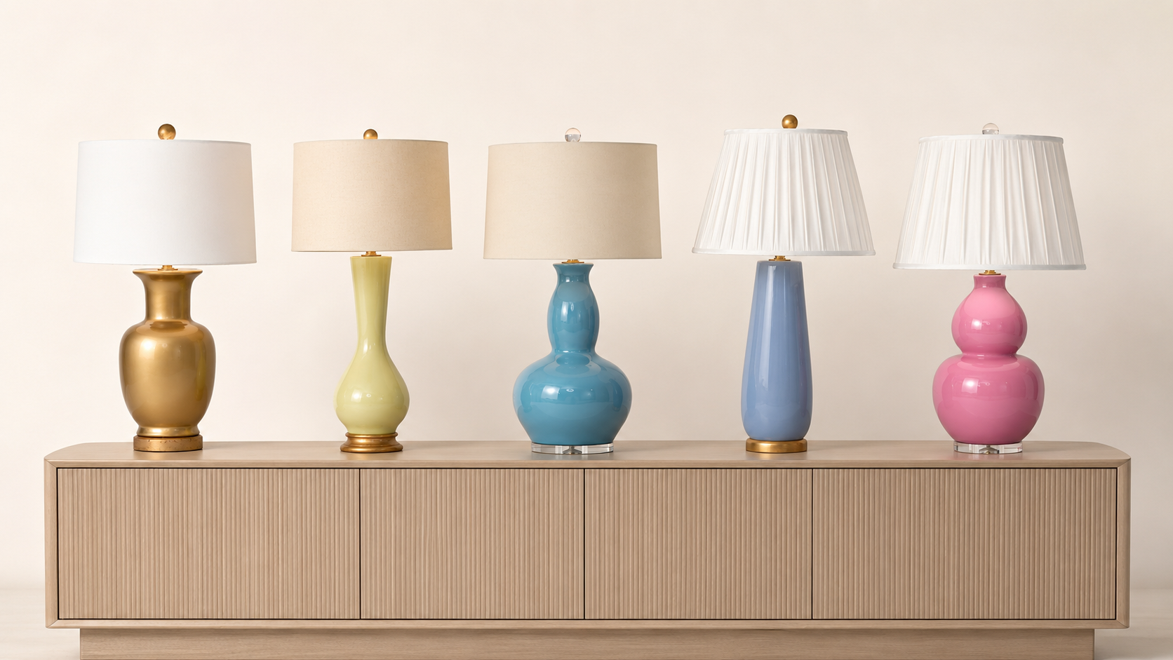 5 colorful custom lamps on display