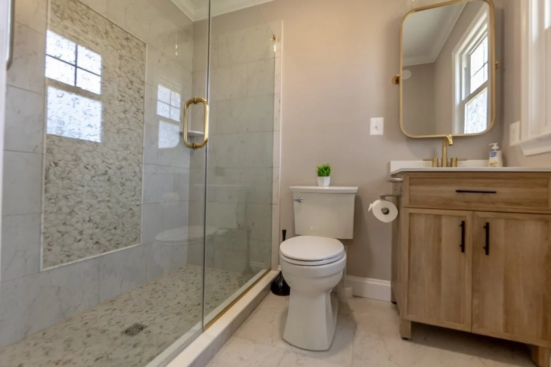 Modern bathroom with glass shower, toilet, wooden vanity, large mirror, and small potted plant.