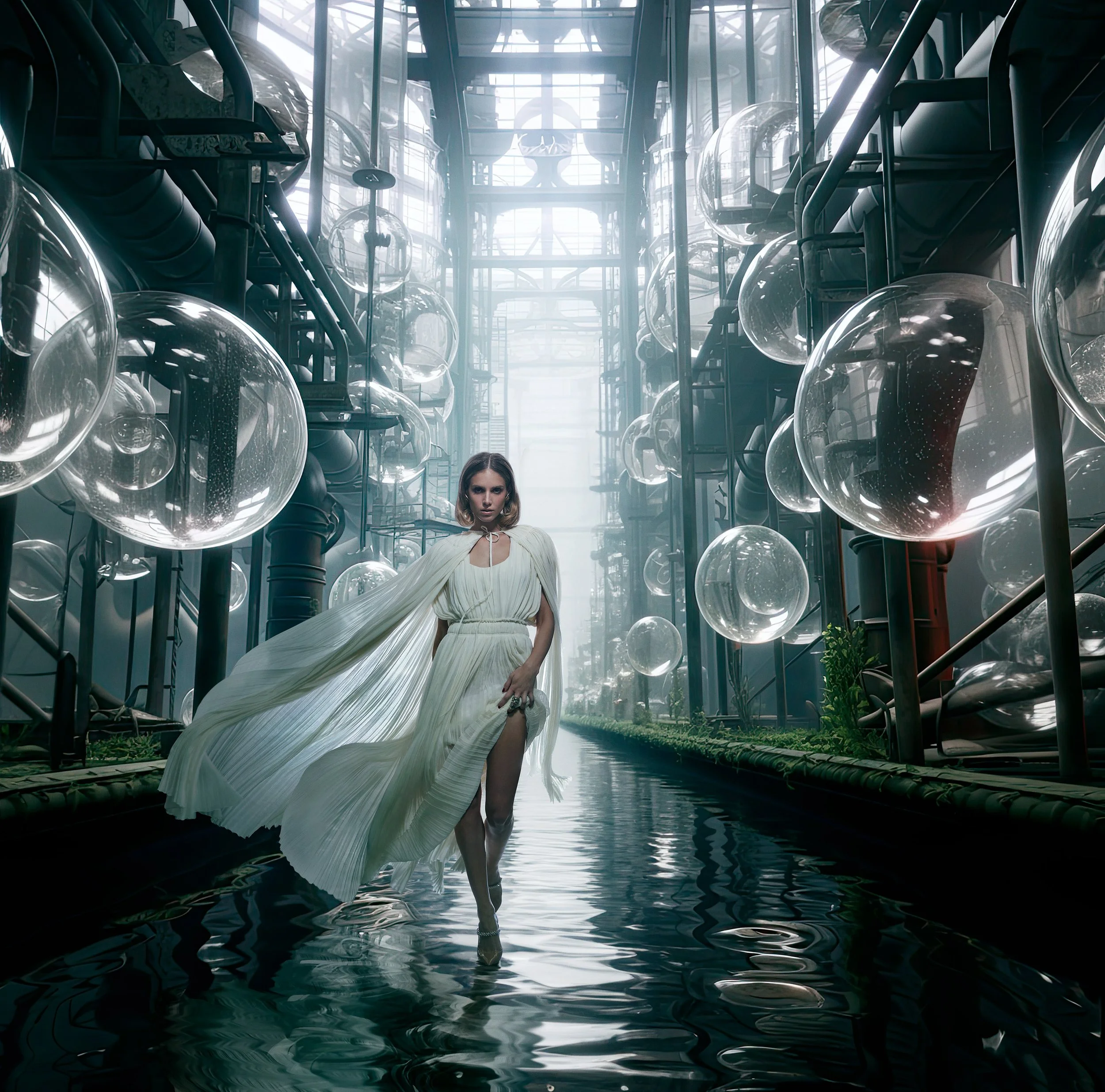 A woman in a flowing white dress walking through a futuristic industrial or laboratory setting with large glass bubbles and pipes, reflected in a shallow water channel.