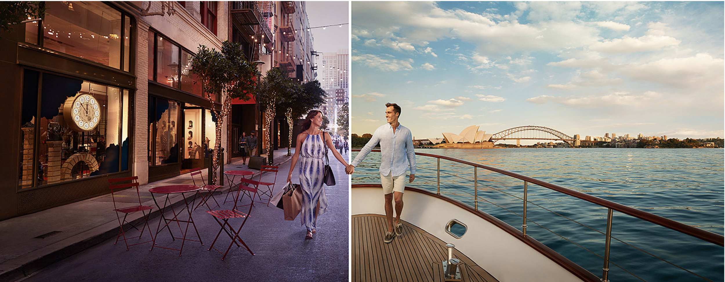 Split image showing a woman walking in a city street on the left and a man walking on a boat on the right, with Sydney Opera House and Harbour Bridge in the background.