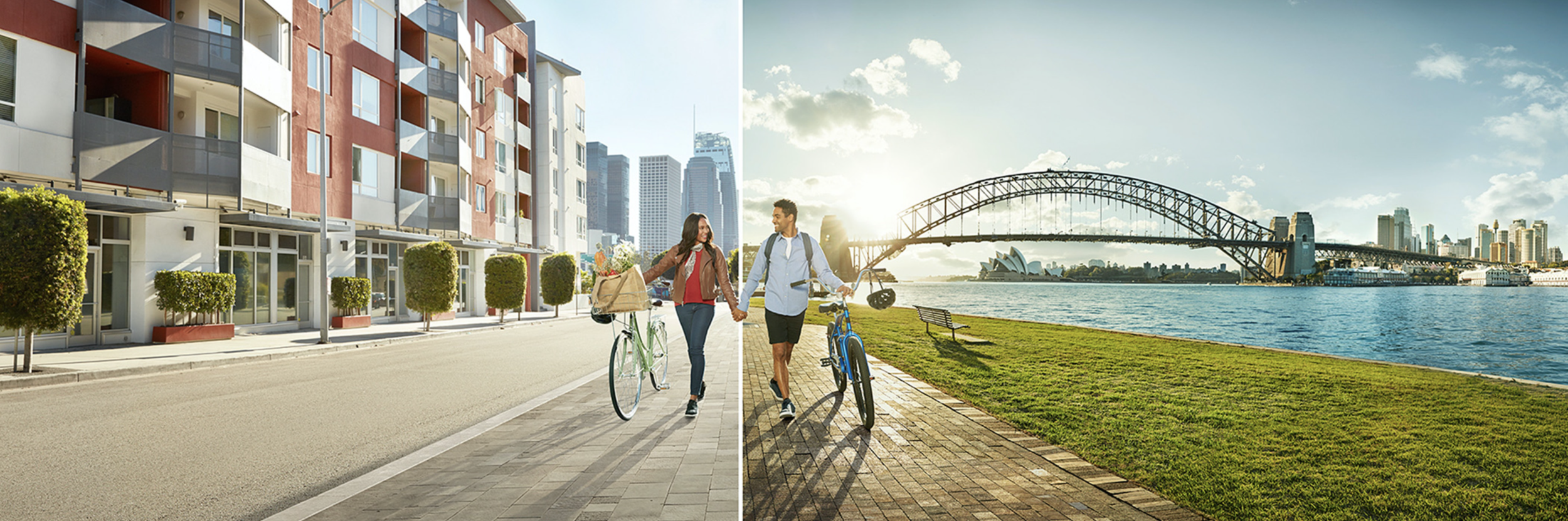 A side-by-side comparison of two cityscapes: on the left, a modern residential building with colorful balconies and lush green trees along a sidewalk, with two women and a man walking and biking; on the right, a city skyline with skyscrapers and the 