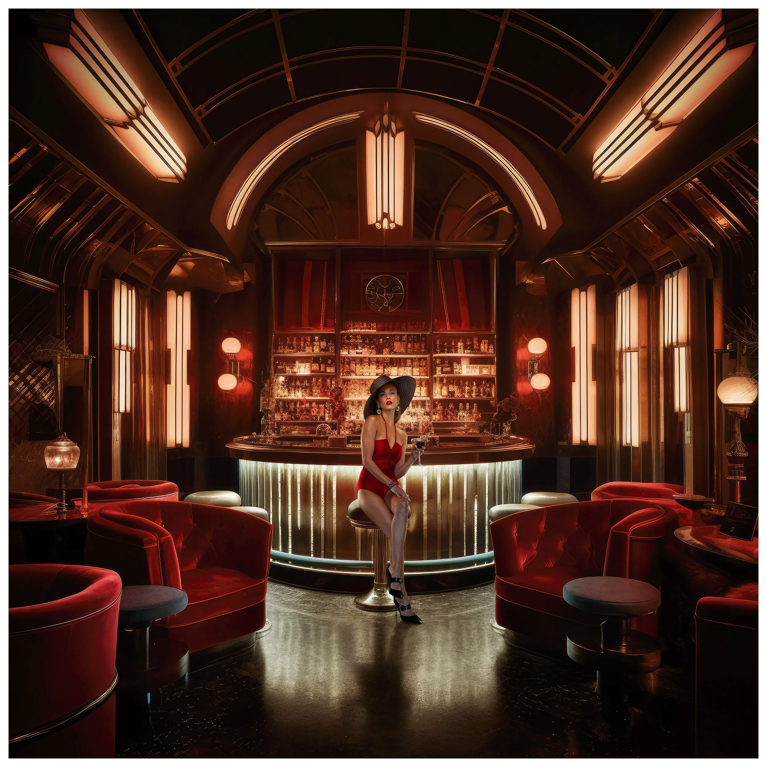 A woman in a red dress and large hat sitting at a bar in a dimly lit, vintage-style lounge with red velvet chairs, a curved bar counter, and ornate lighting fixtures.