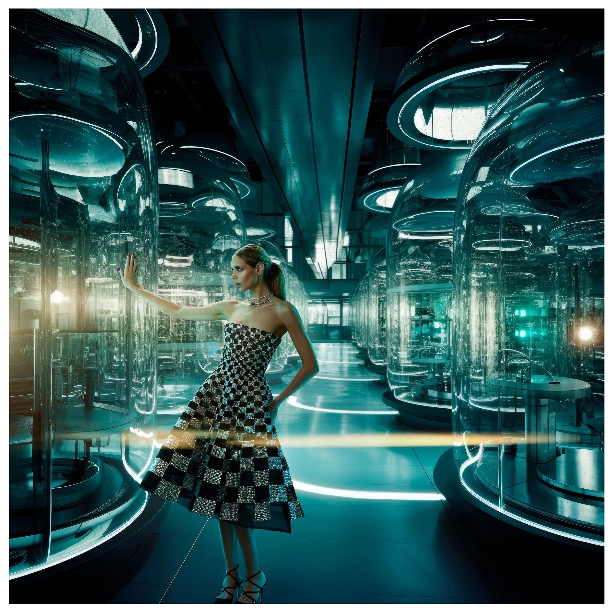 A woman in a checkered dress posing inside a highly futuristic, mirrored laboratory with cylindrical glass chambers containing machinery and glowing neon lights.