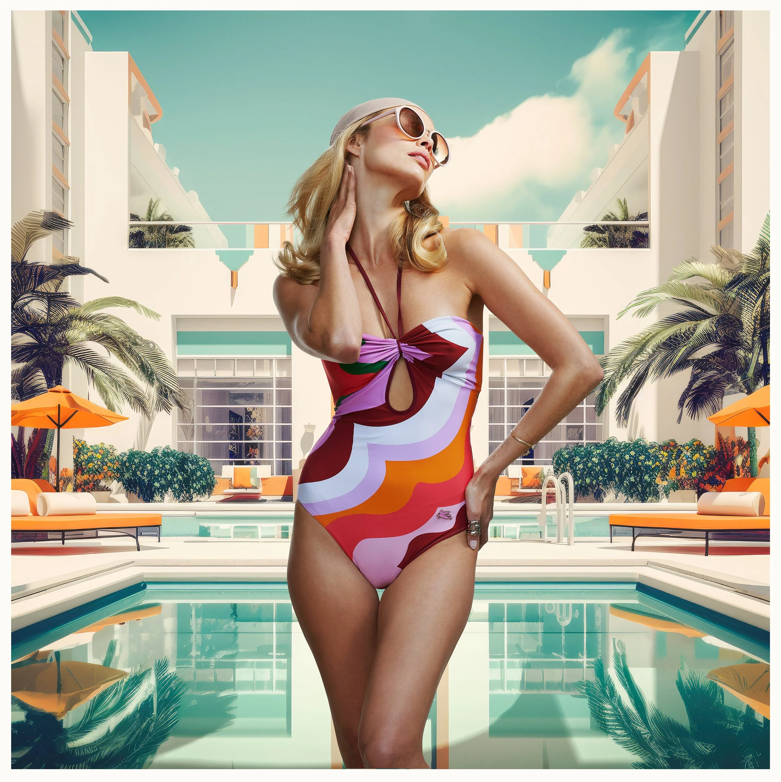 A woman in a colorful one-piece swimsuit with a keyhole cutout, sunglasses, and a headscarf, standing by a swimming pool at a luxury resort with palm trees, orange umbrellas, and a white modern building.