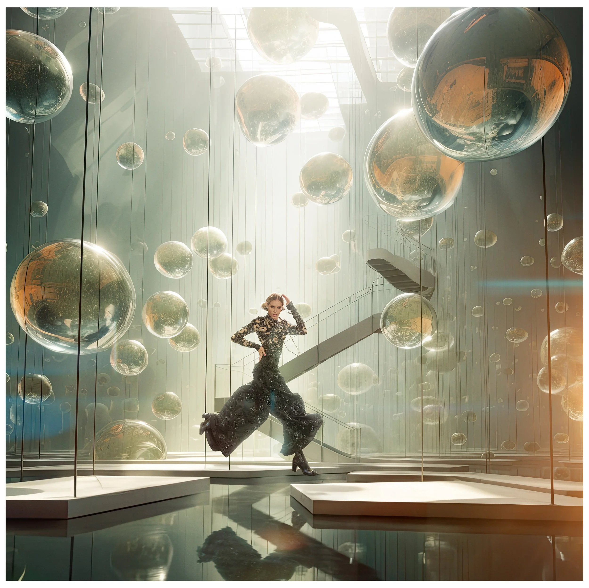 A woman in a fashionable black dress with lace details stands in a modern, glass-enclosed space with numerous reflective silver spheres of varying sizes hanging from the ceiling. Sunlight streams in through large windows, creating a bright and airy a