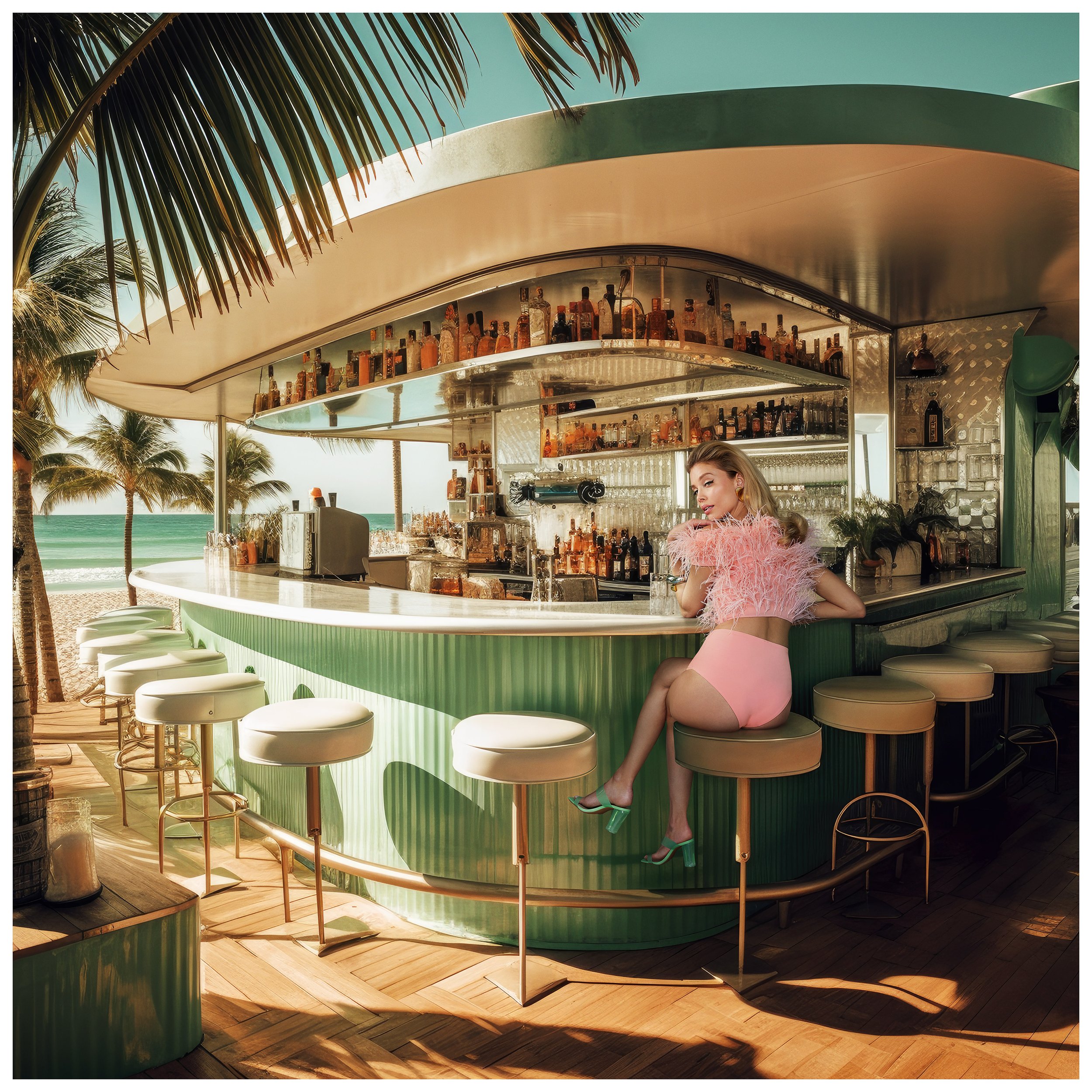 A woman sitting on a bar stool at a beachside bar, wearing pink shorts, a pink feathered top, enjoying a drink with a view of the ocean and palm trees in the background.