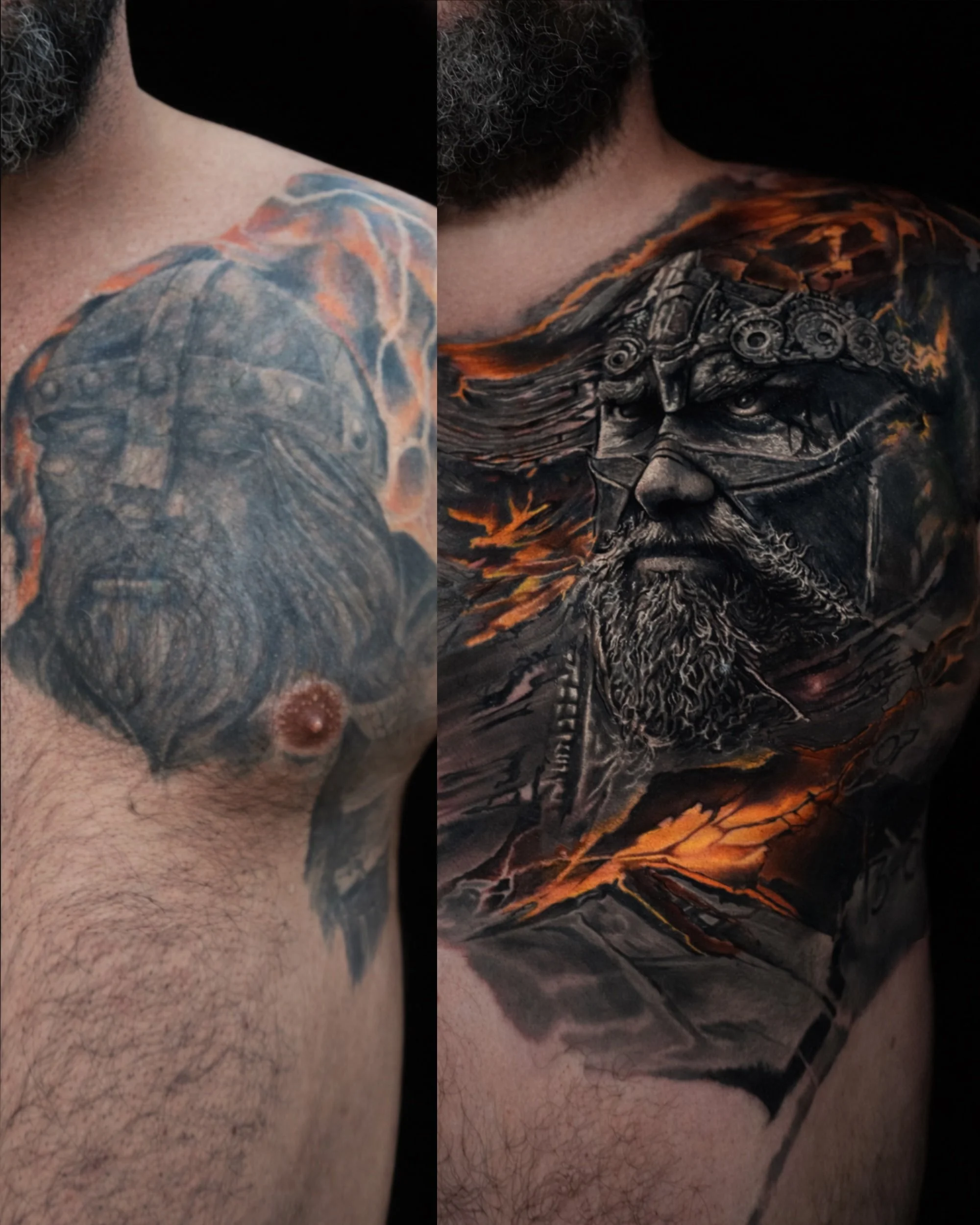 Zwei detaillierte Tattoos auf den Schultern und dem Oberarm eines Mannes, eines mit einem Wikinger-Krieger und ein weiteres mit einem Krieger mit Helm und Feuer im Hintergrund.