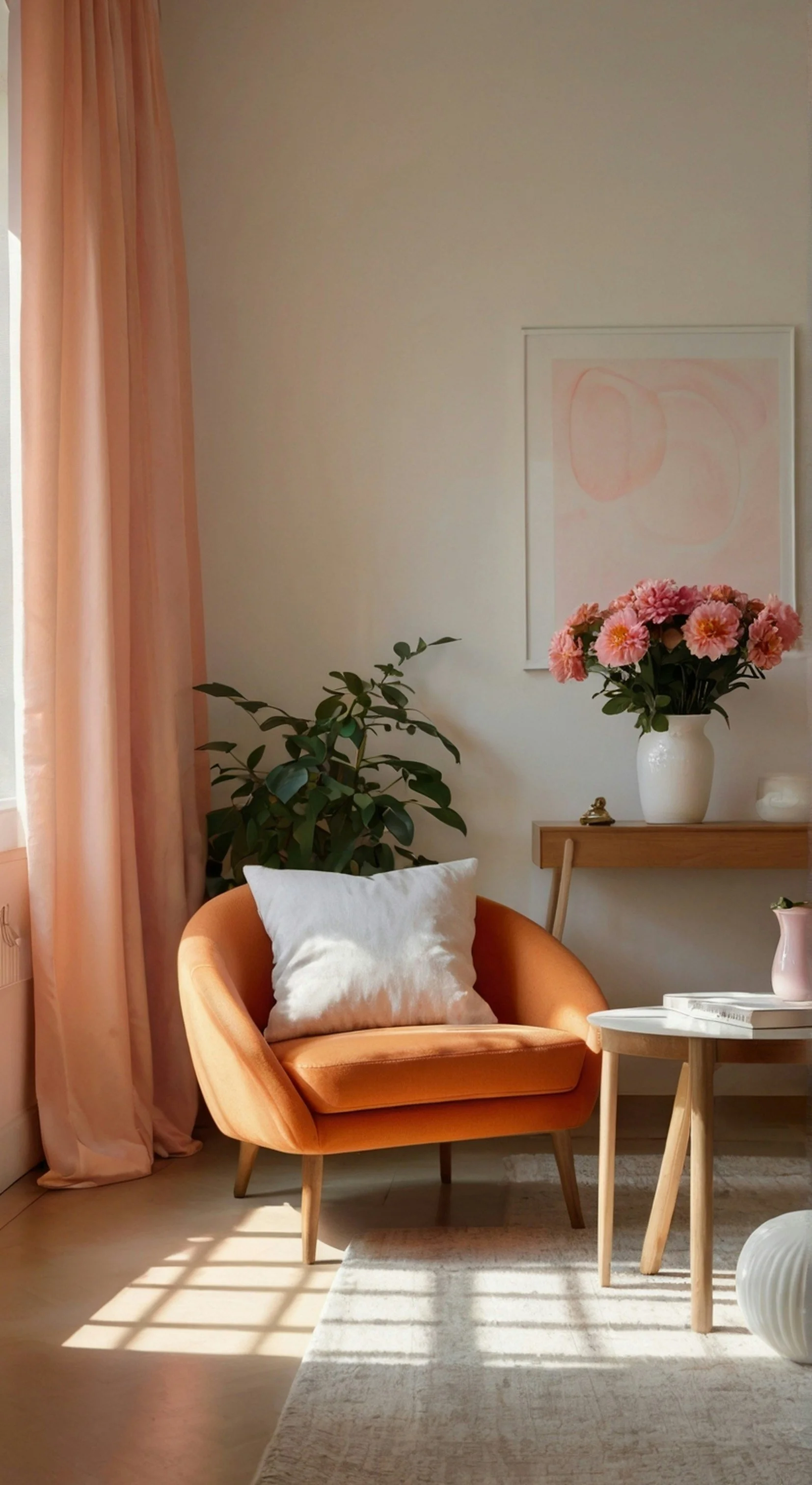 A cozy, well-decorated living room corner with an orange armchair, a white pillow, a small wooden side table with a pink vase, a large potted plant, a framed abstract art piece, pink curtains, and sunlight streaming across a light-colored rug.