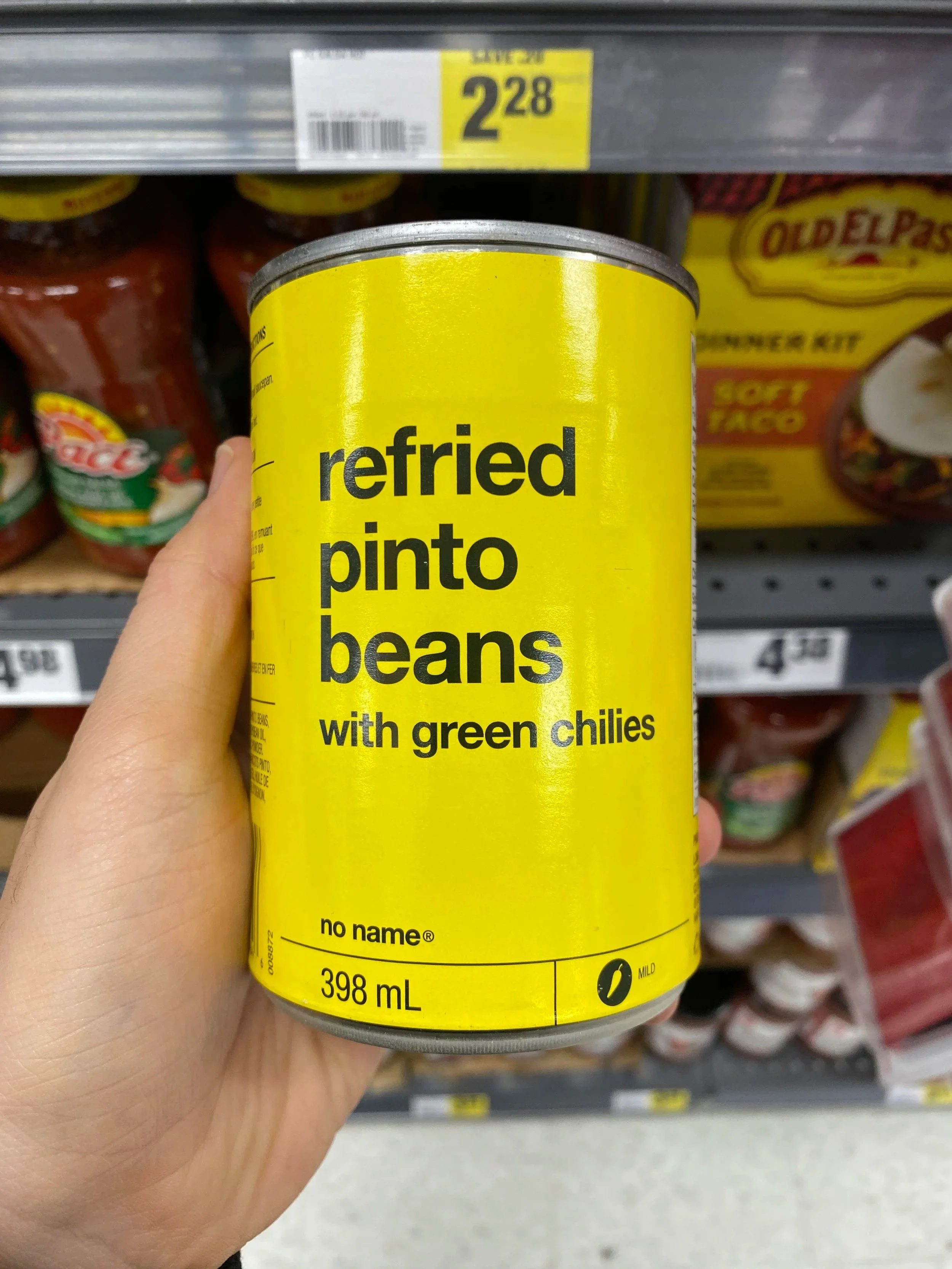 No Name refried pinto beans can with green chilies – yellow packaging design (Copy) (Copy)