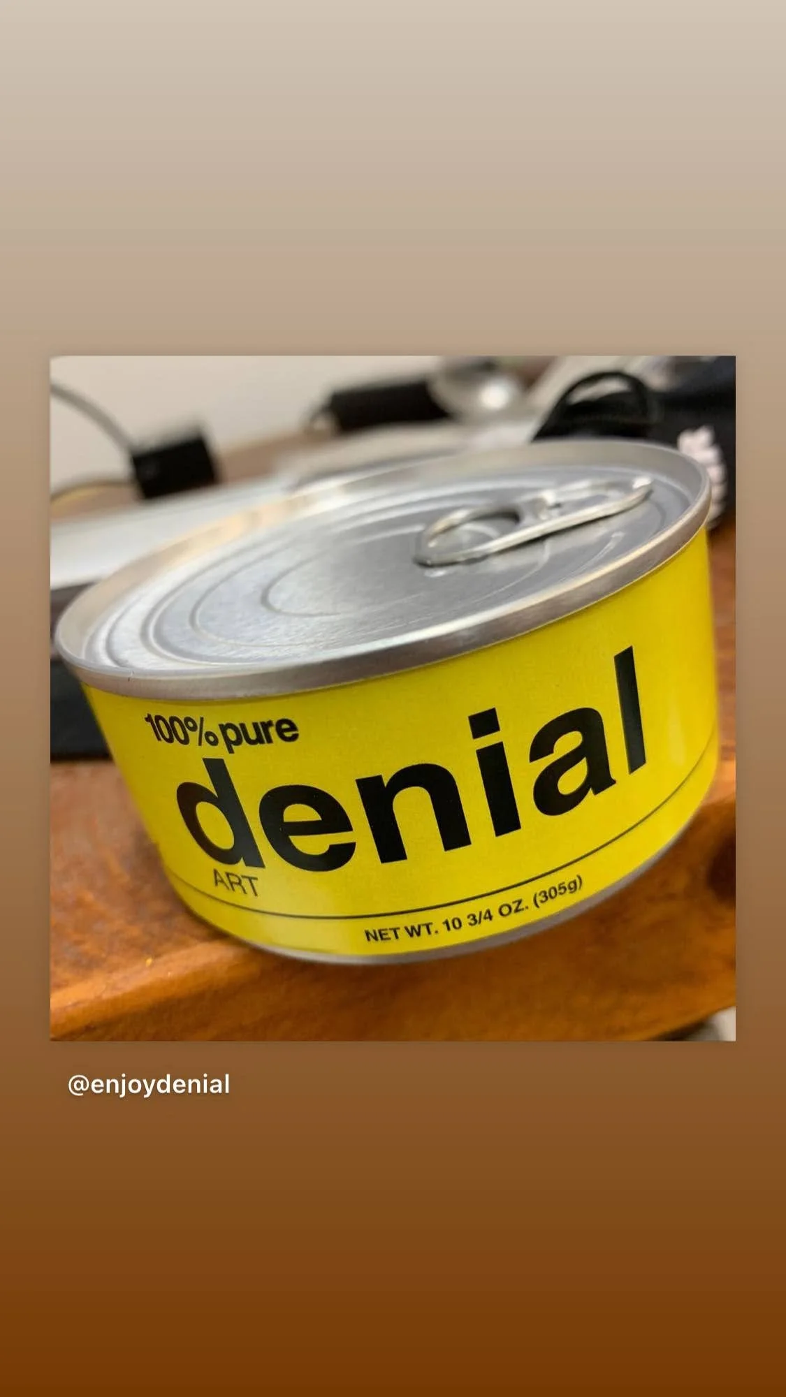 Canned denial artwork – parody No Name style yellow packaging by Enjoy Denial (Copy) (Copy)