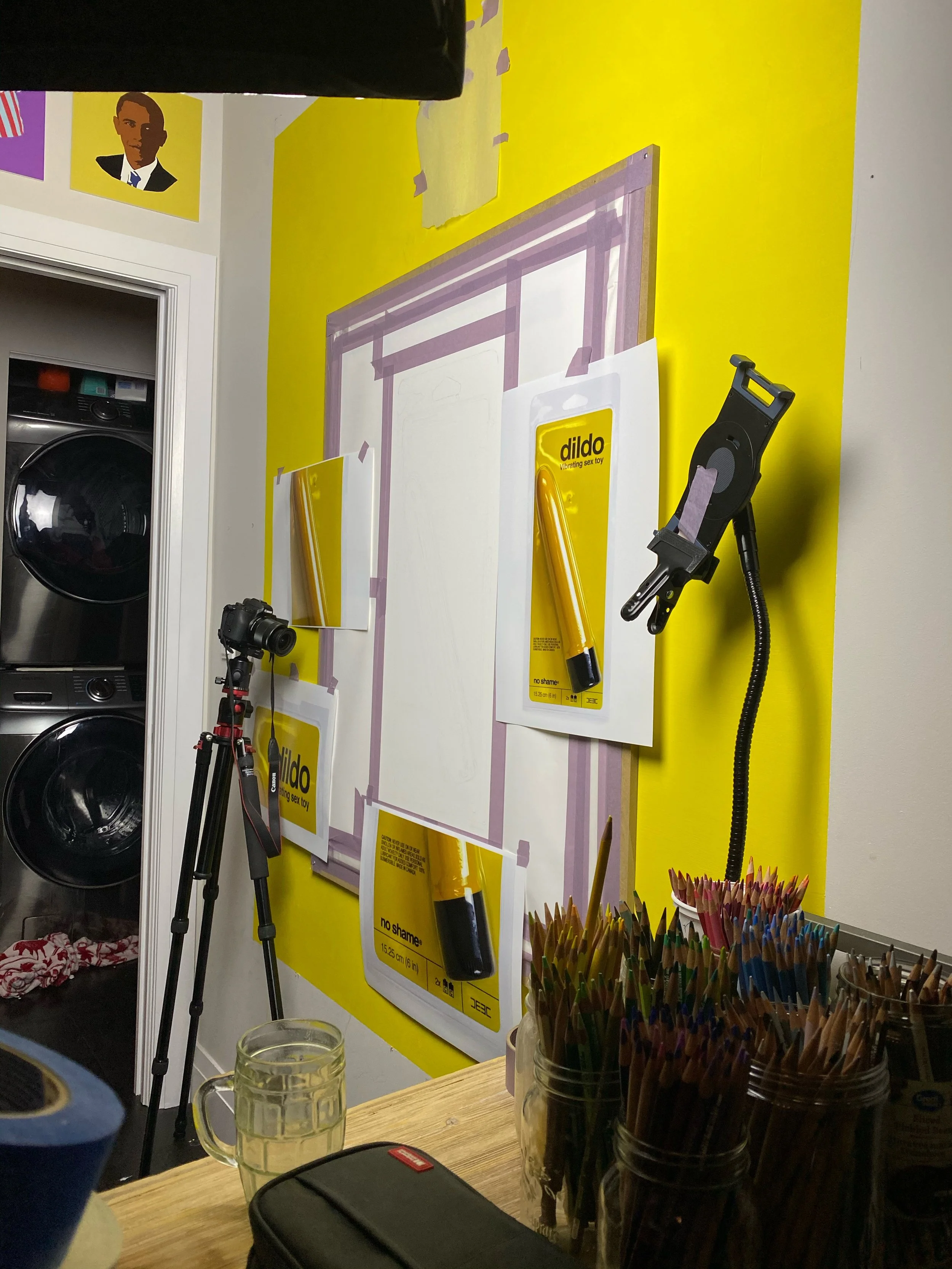 Drawing setup for No Shame dildo artwork – taped paper with references (Copy) (Copy)