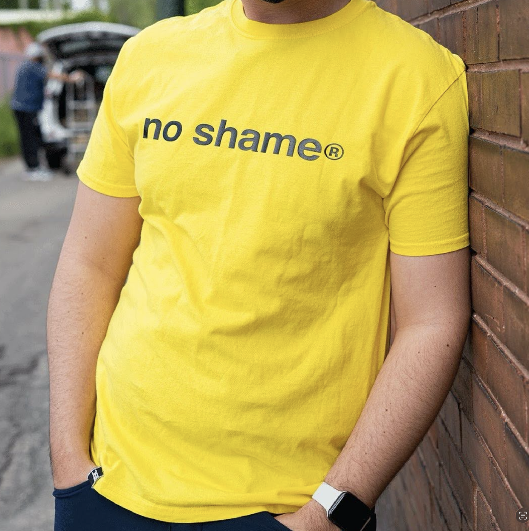 No Shame T-shirt parody of No Name brand, worn outdoors (Copy) (Copy)
