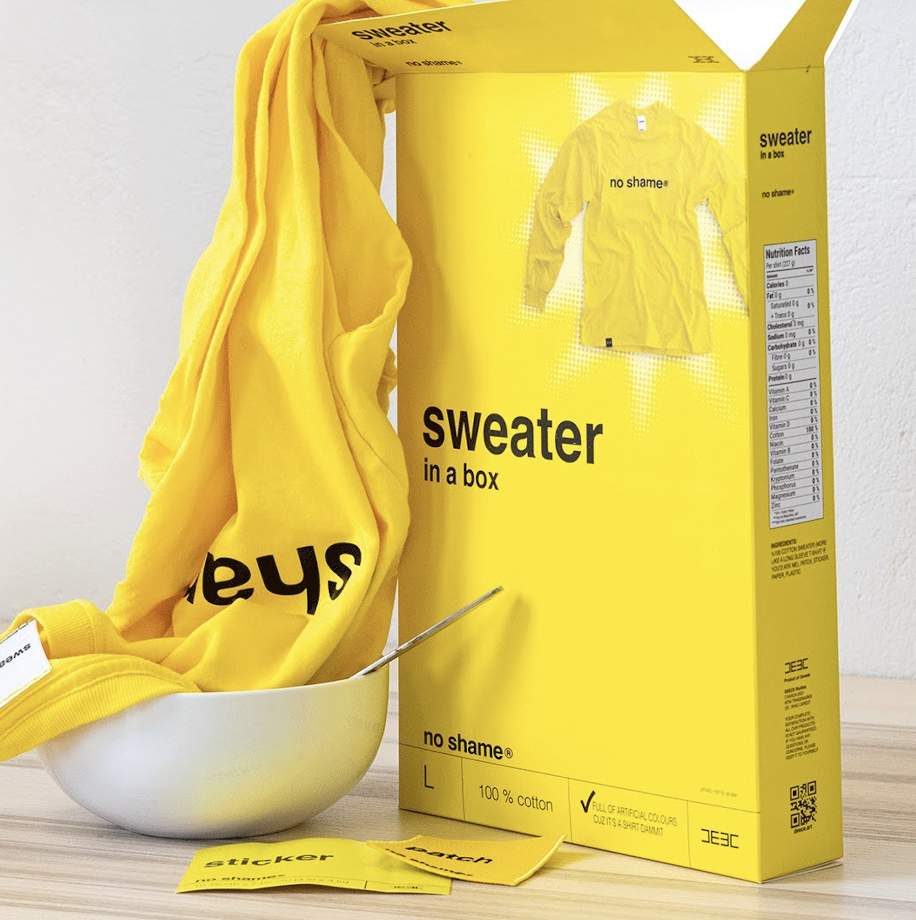 No Shame sweater in a box parody of no name spilling into cereal bowl. (Copy) (Copy)