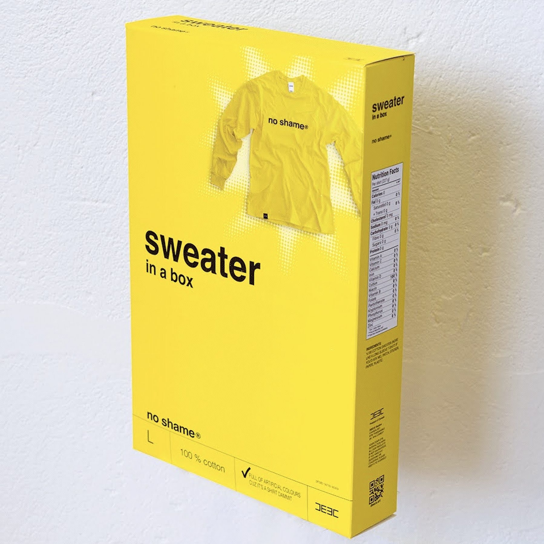 No Shame sweater in a box parody of no name packaging display. (Copy) (Copy)