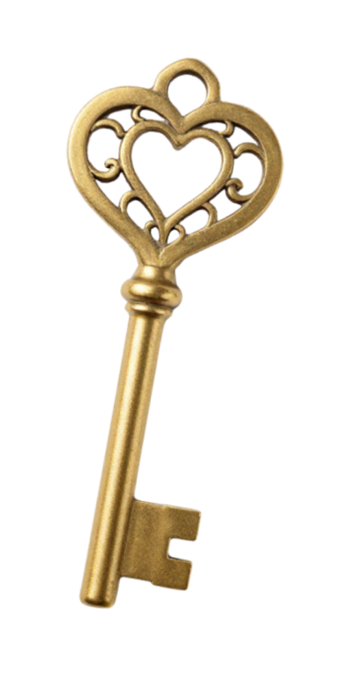 Gold key with an ornate, heart-shaped bow and decorative filigree design.