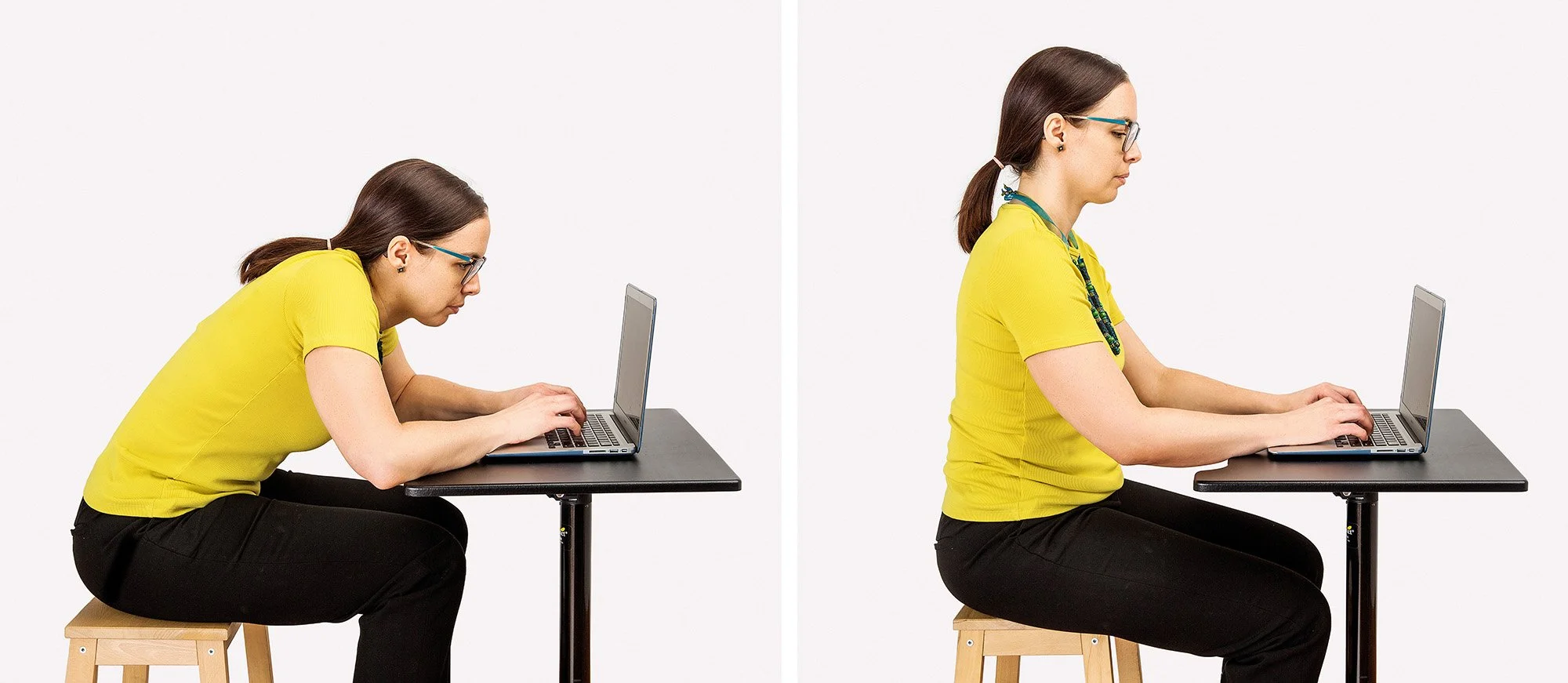 Comparison of slouching and sitting straight posture when using a laptop.