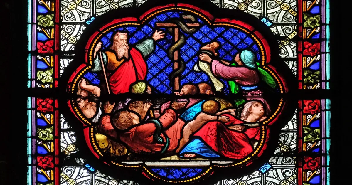 Moses and the bronze serpent in the wilderness, biblical scene illustrating Numbers 21 and the danger of images becoming objects of devotion in worship