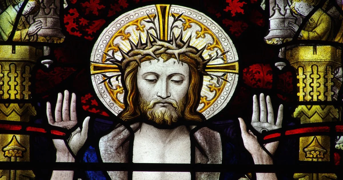 Jesus Christ depicted in stained glass with crown of thorns, representing the doctrine of definite atonement and the Trinity’s unified purpose in salvation