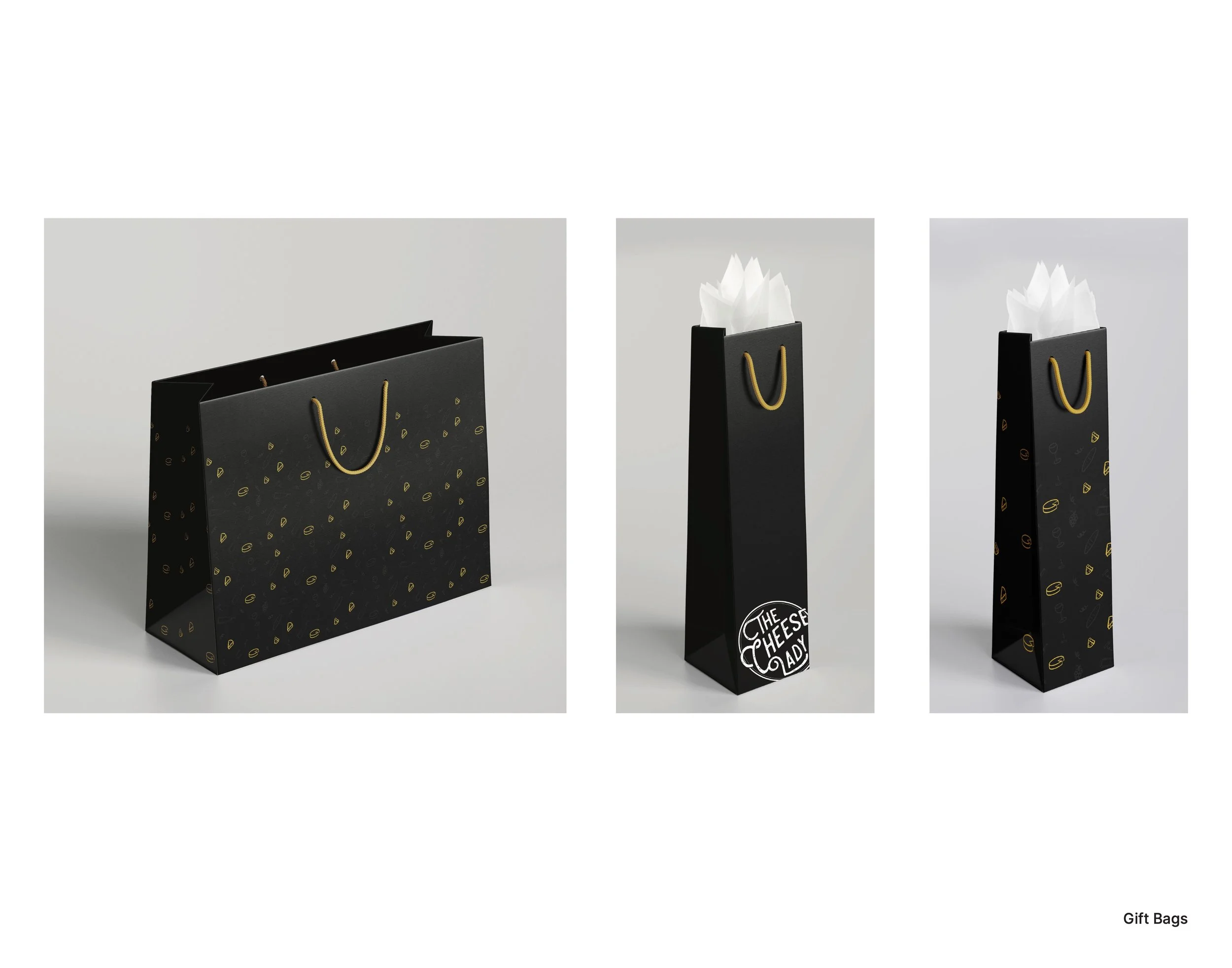 Gift bags with illustrated cheeses and accompaniments