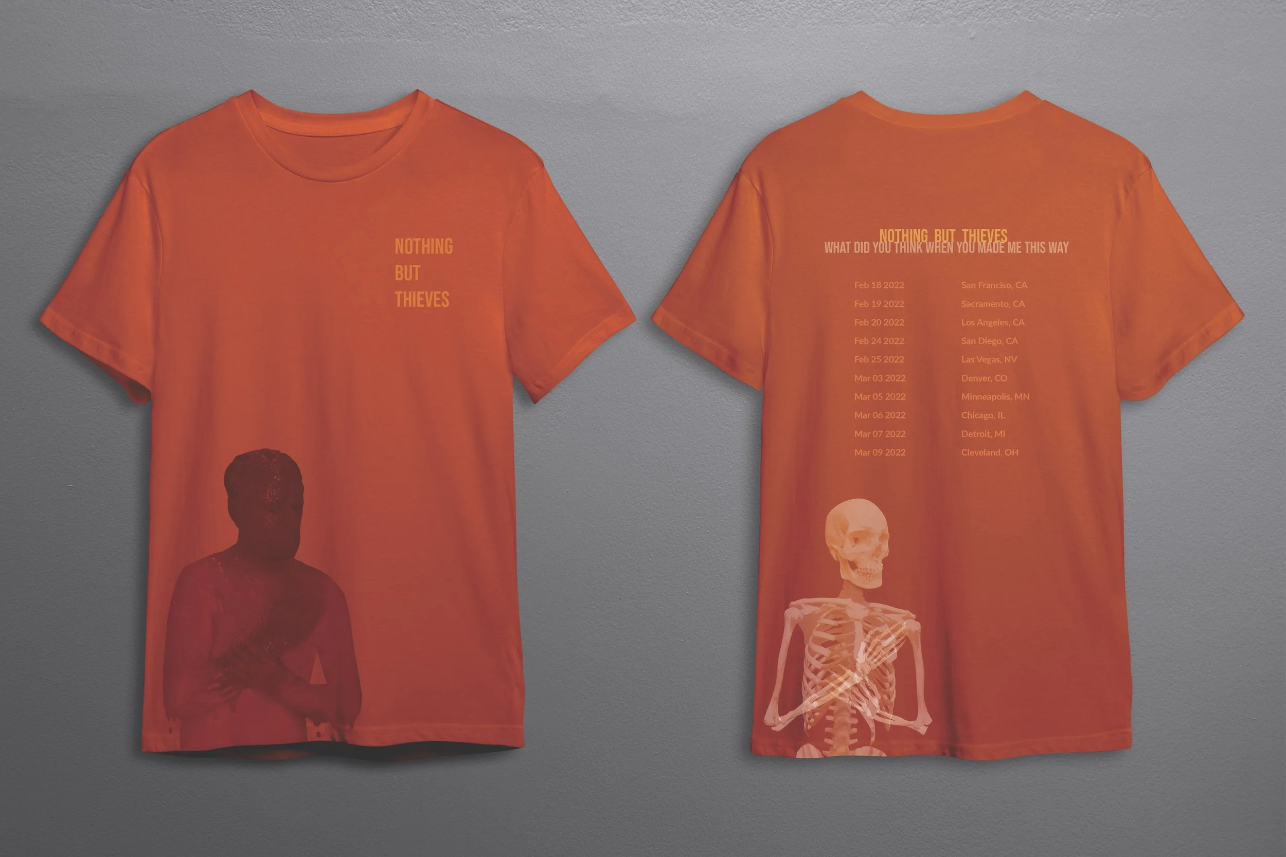 T-Shirt for Nothing But Thieves with a man in the lower left corner melting on the front, and the back in the same place with a skeleton holding itself