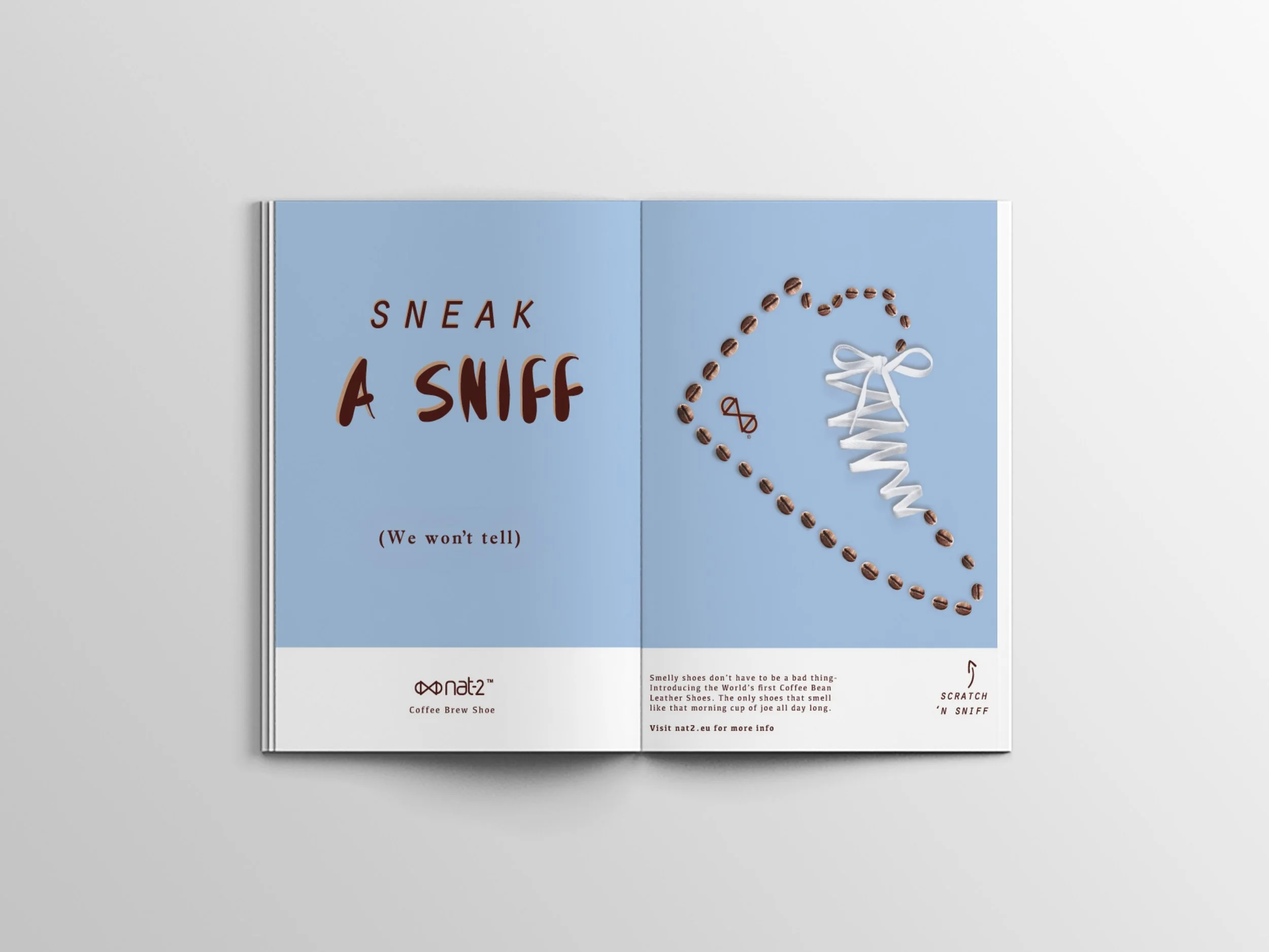 Magazine spread that reads "Sneak a sniff, we won't tell" with a scratch and sniff sneaker made from coffee beans