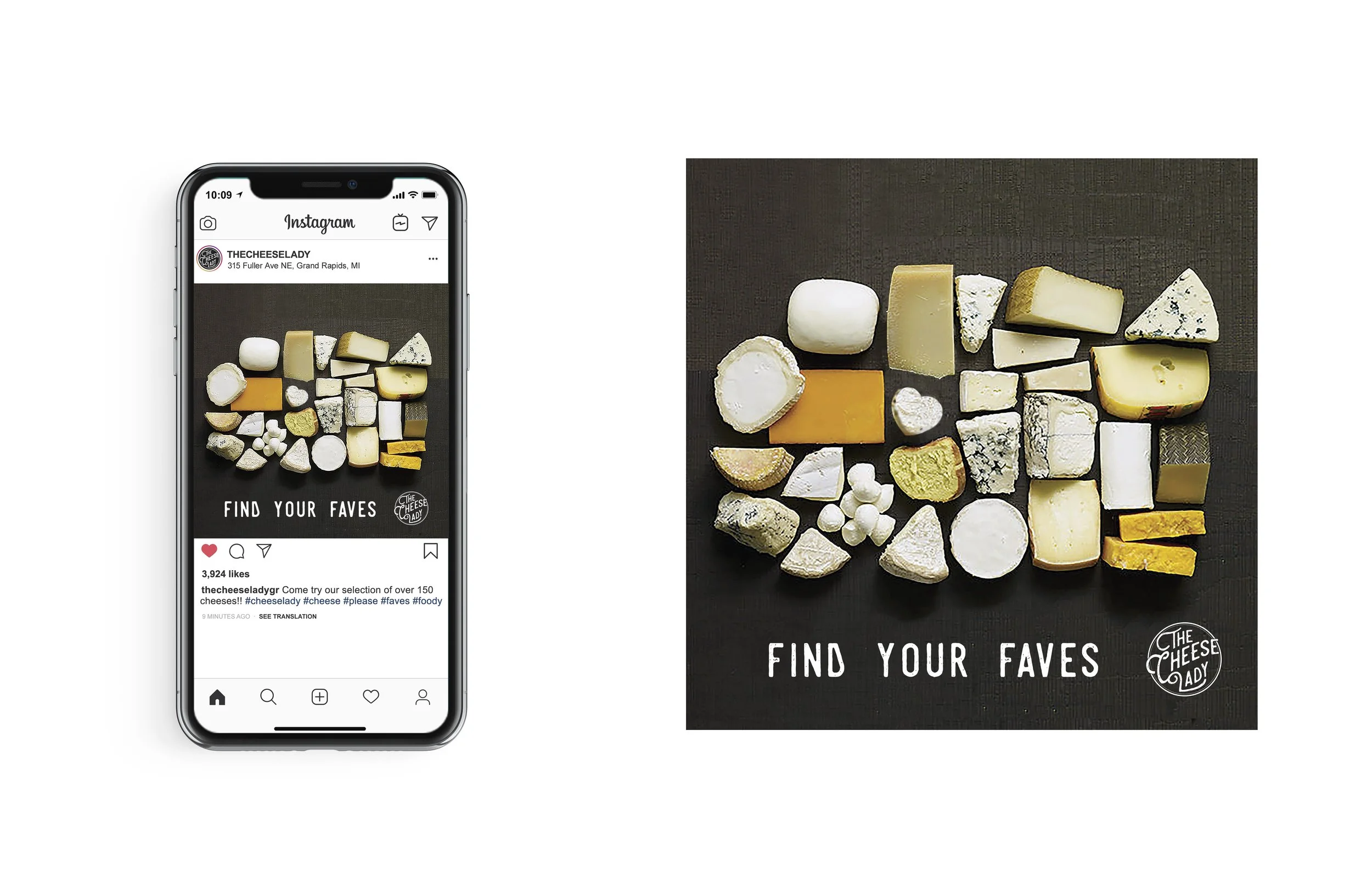 Instagram Social Ad that says "Find your faves" with a heart of cheese image