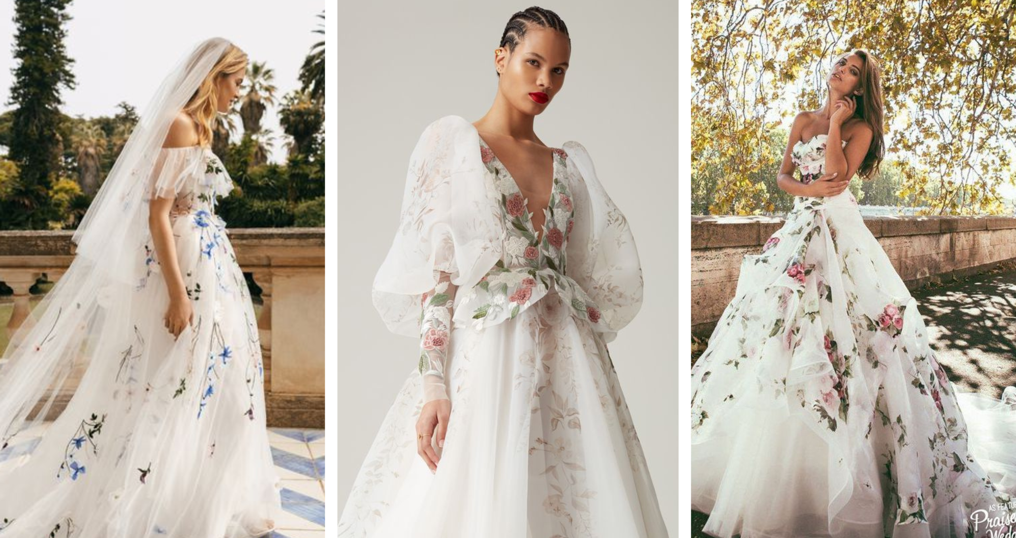 Floral Gowns, Floral dresses, Floral wedding dresses, outdoor wedding, Monique Lhuillier, Paula Bridal “Hermione”, Alessandro Angelozzi