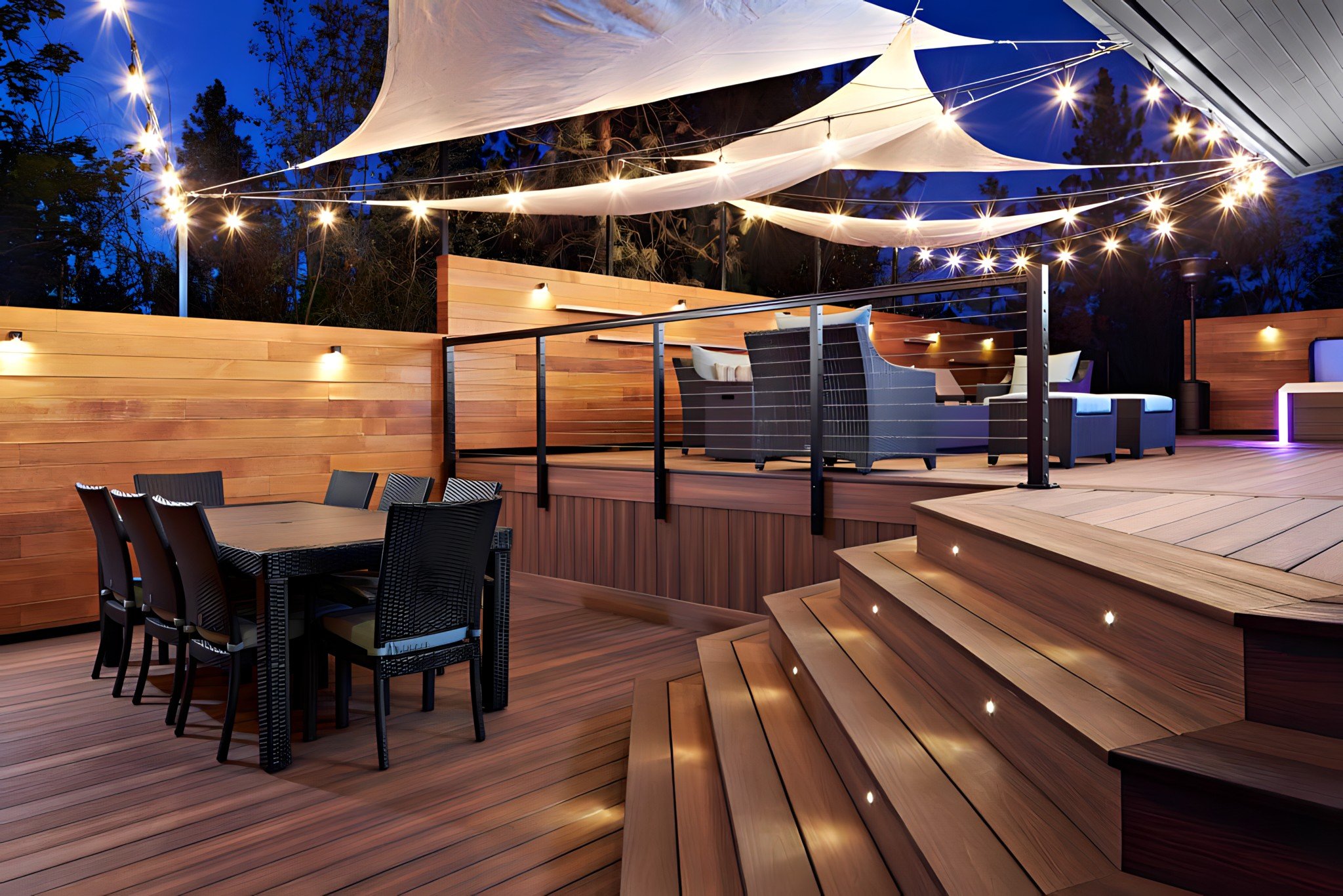 Outdoor wooden deck with seating area, string lights, and layered tiered steps illuminated with small lights, at dusk.