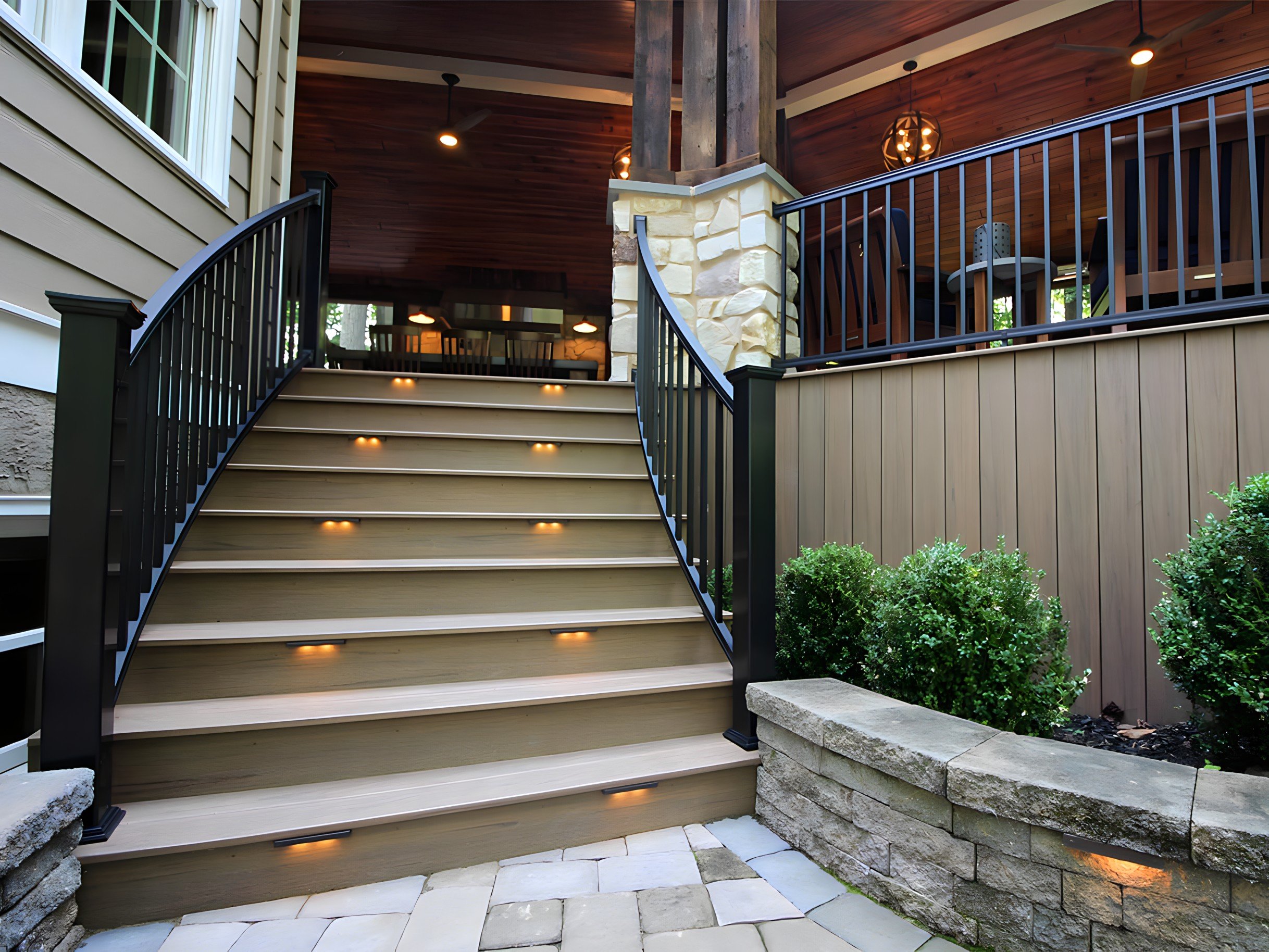 Wooden outdoor staircase with integrated lighting leading to a covered porch with railing, beige siding, and some greenery.