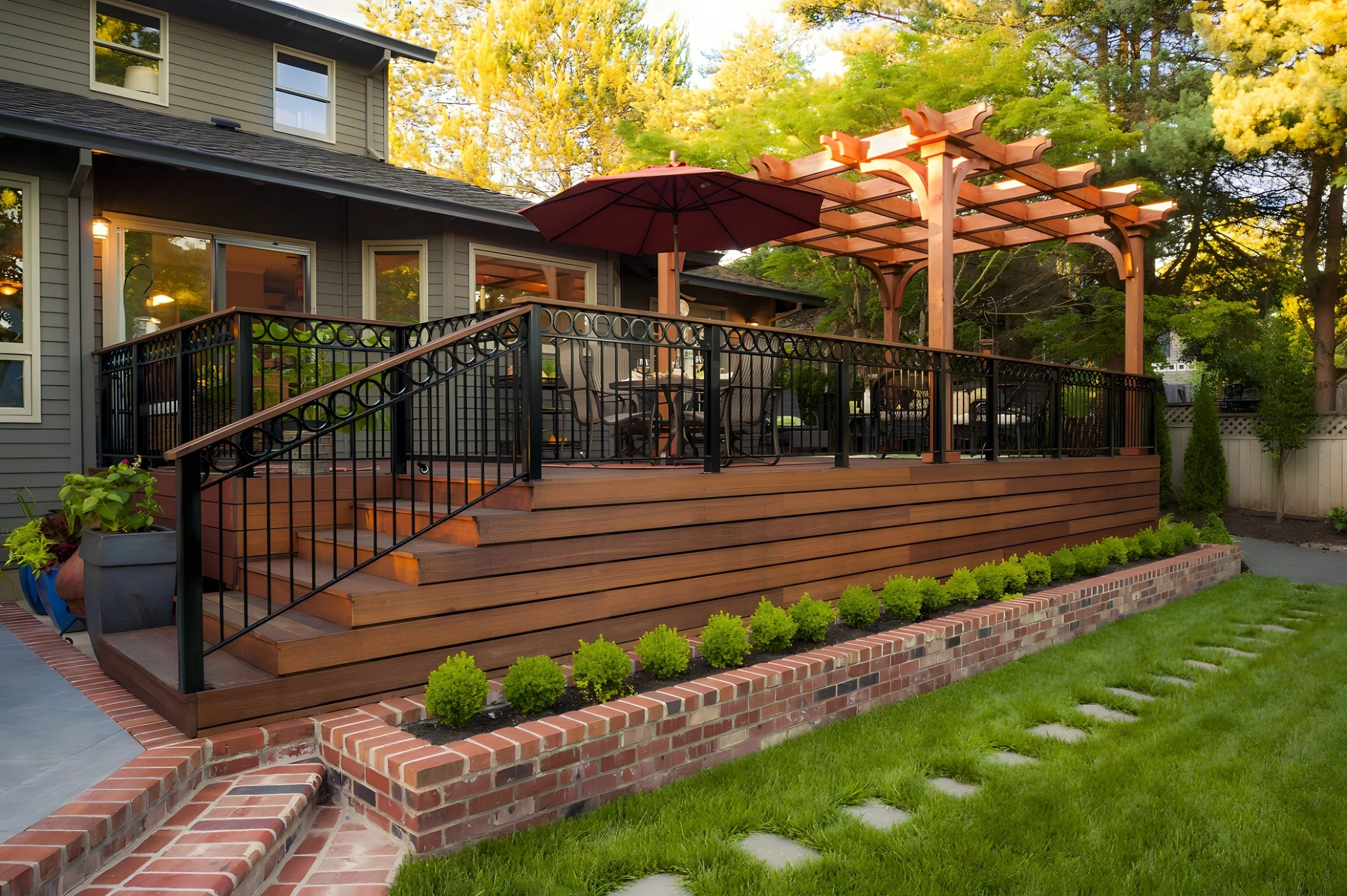 Wooden deck with black metal railing, outdoor dining table with chairs under a large umbrella, green lawn, and trees in the background.