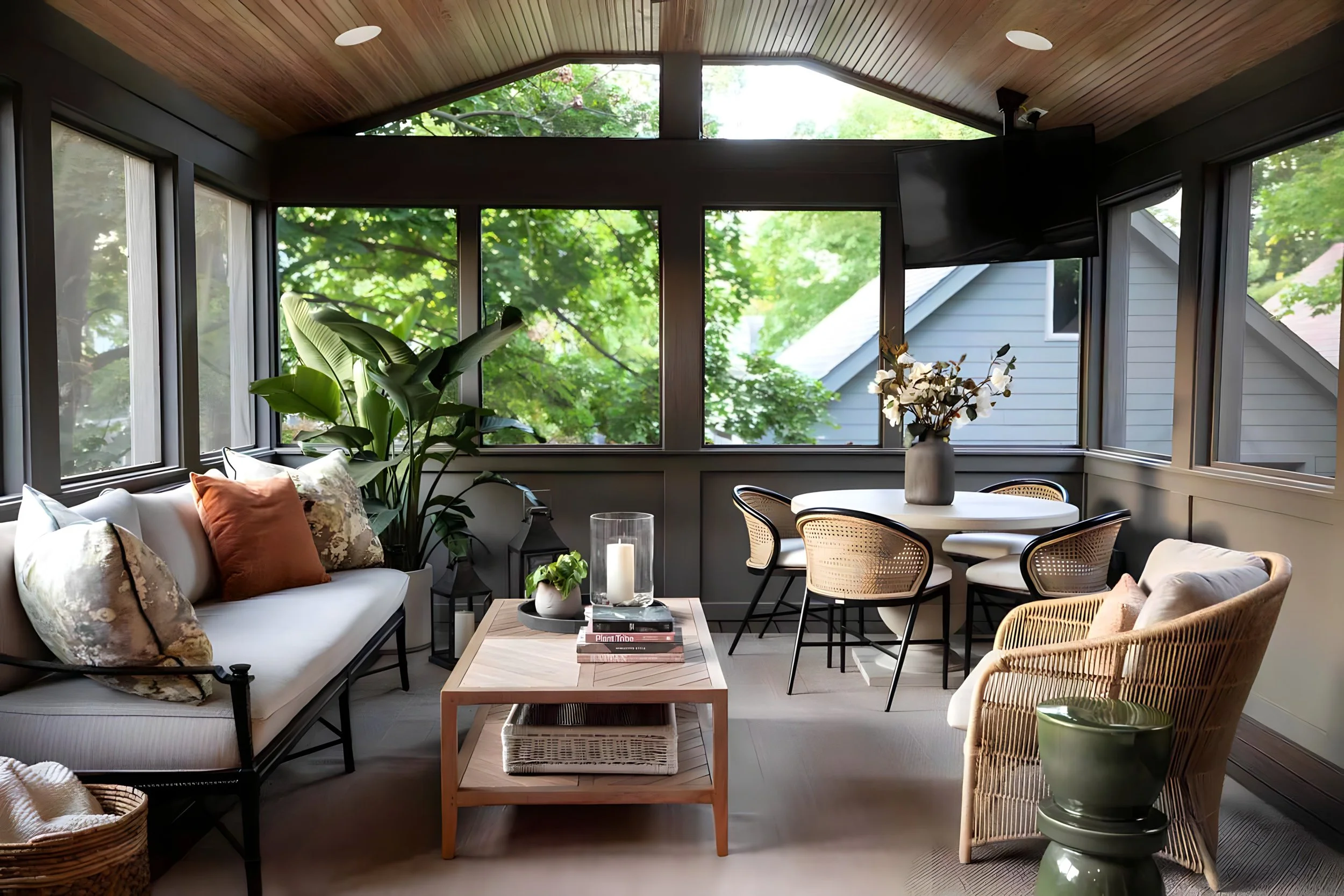 Indoor sunroom with large windows, a white sofa with pillows, a light wood coffee table, a round dining table with chairs, and various plants and decor.