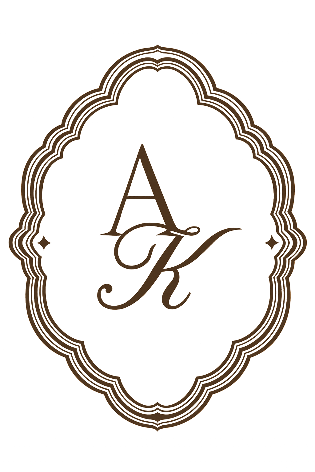 A decorative monogram logo featuring the initials A and K inside an ornate, scalloped border. The logo is in a dark brown color on a black background.