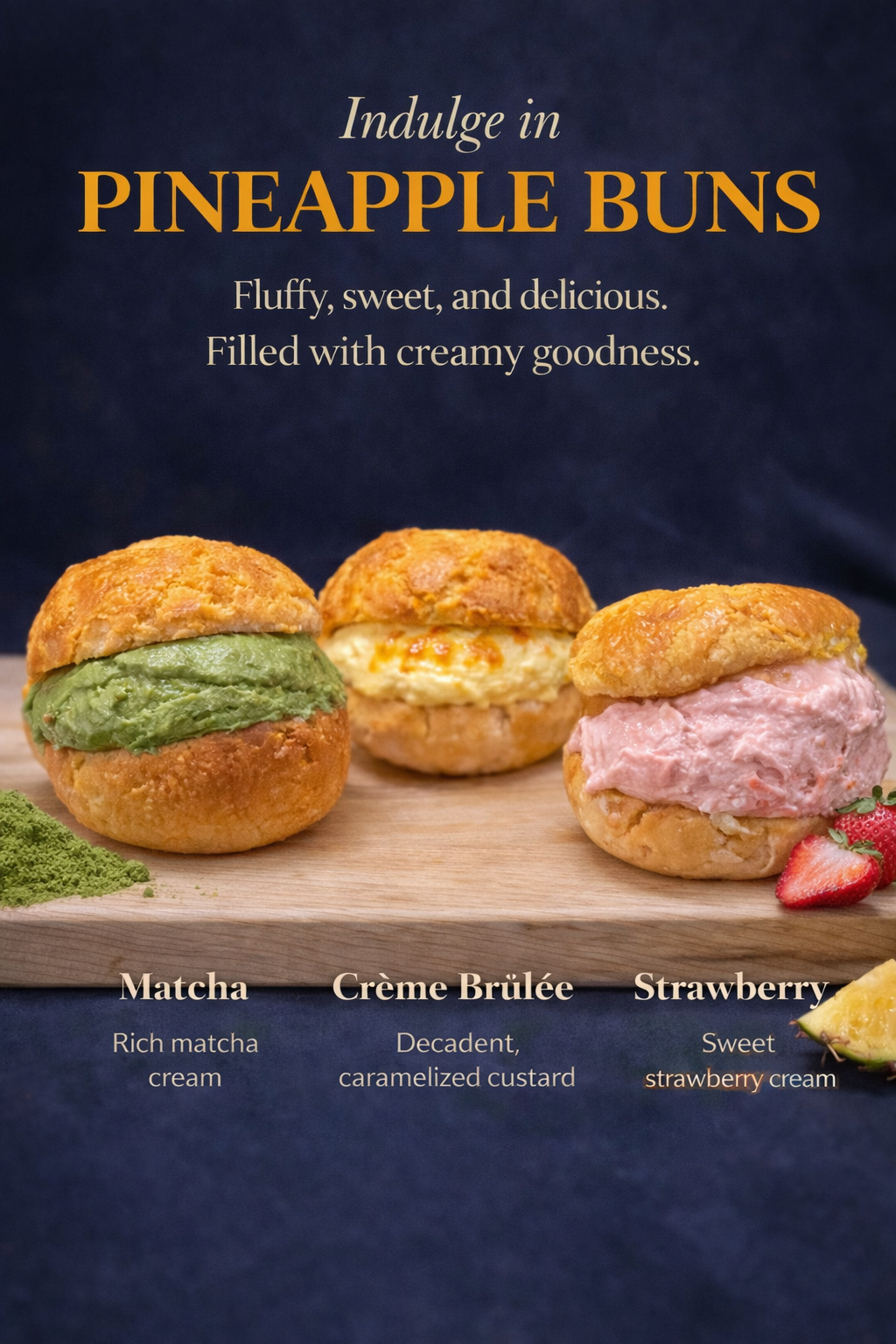 Our exciting cream-filled pineapple buns, choose from a variety of cream filling such as matcha, creme brulee, strawberry and much more