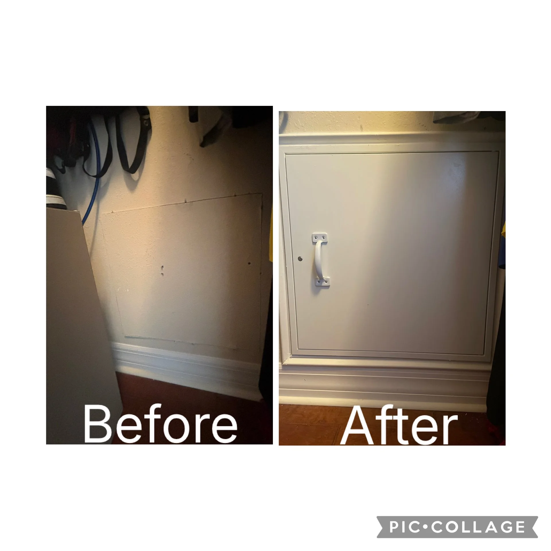 Side-by-side comparison of a wall before and after installation of a white cabinet door, showing a plain wall in the before image and a closed cabinet door in the after image.
