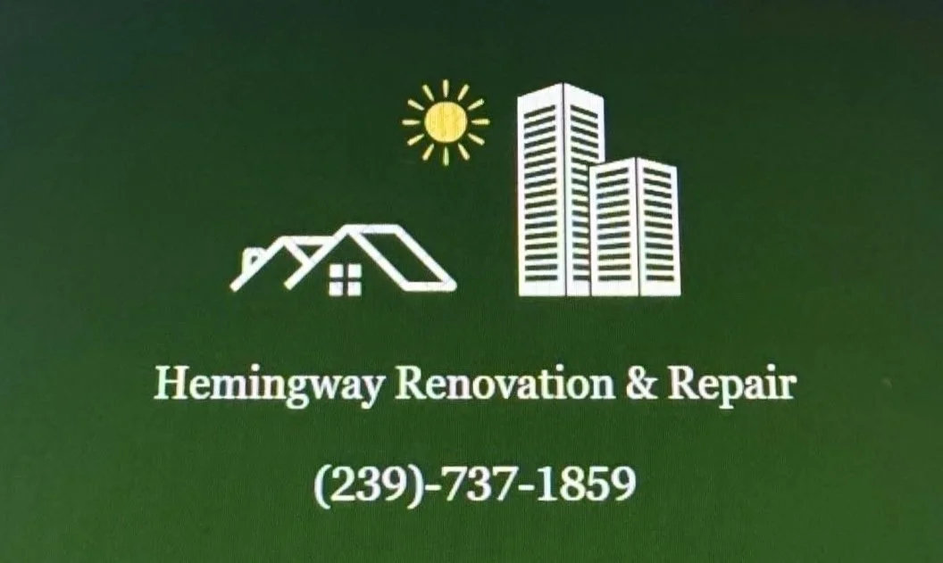 Green background with illustrations of a house and tall buildings, a sun, and the text 'Hemingway Renovation & Repair' with phone number (239)-737-1859.