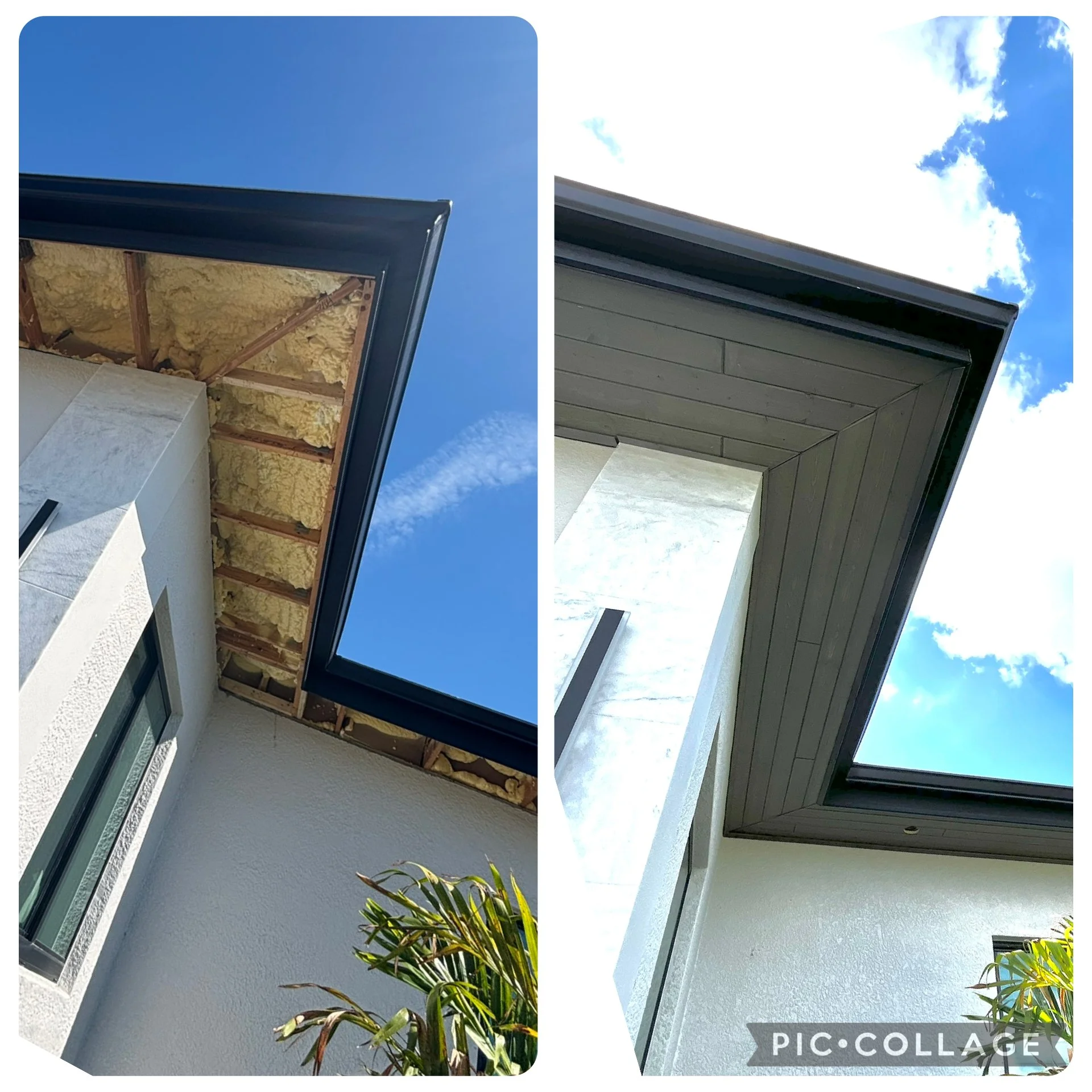 Comparison of a building's lower roof and eaves under construction (left) and finished with dark wood trim (right) against a blue sky.