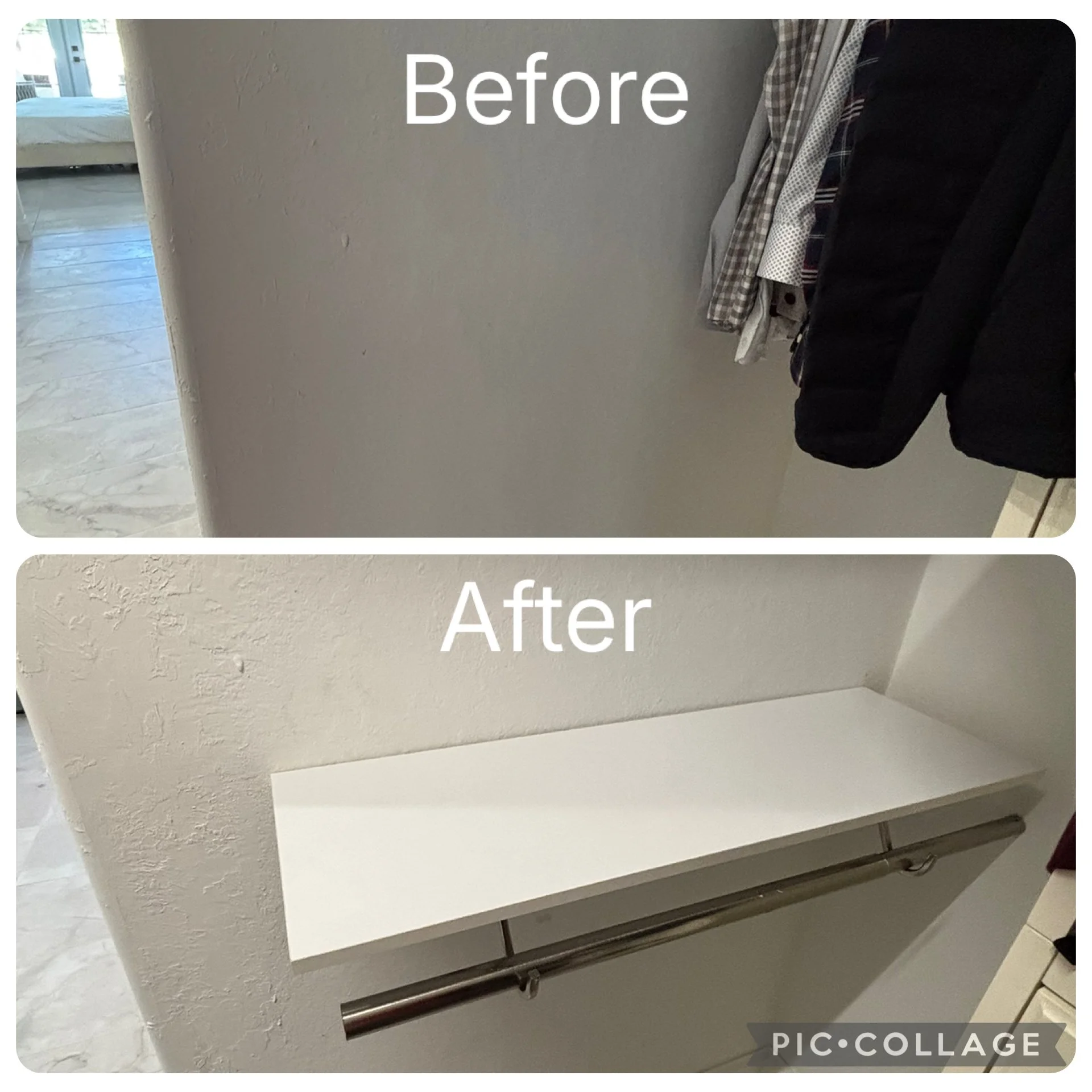 Comparison of a wall with hanging clothes labeled 'Before' and a newly installed white shelf with a metal bar labeled 'After'.