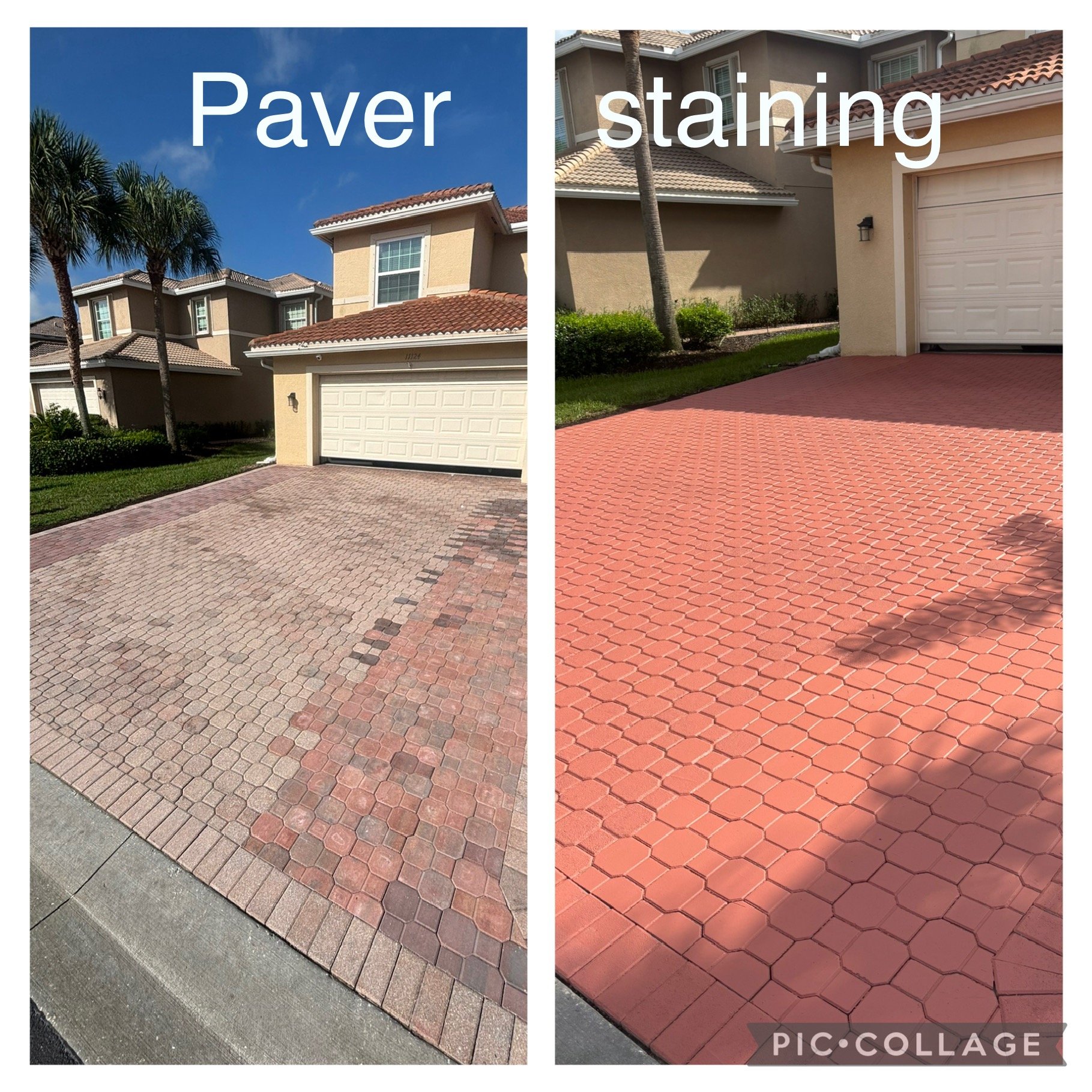 Comparison of two driveways: the left one made of traditional pavers, the right one made of stamped and colored concrete.