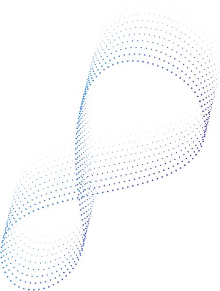 A digital, three-dimensional, abstract torus shape composed of small blue dots on a black background.
