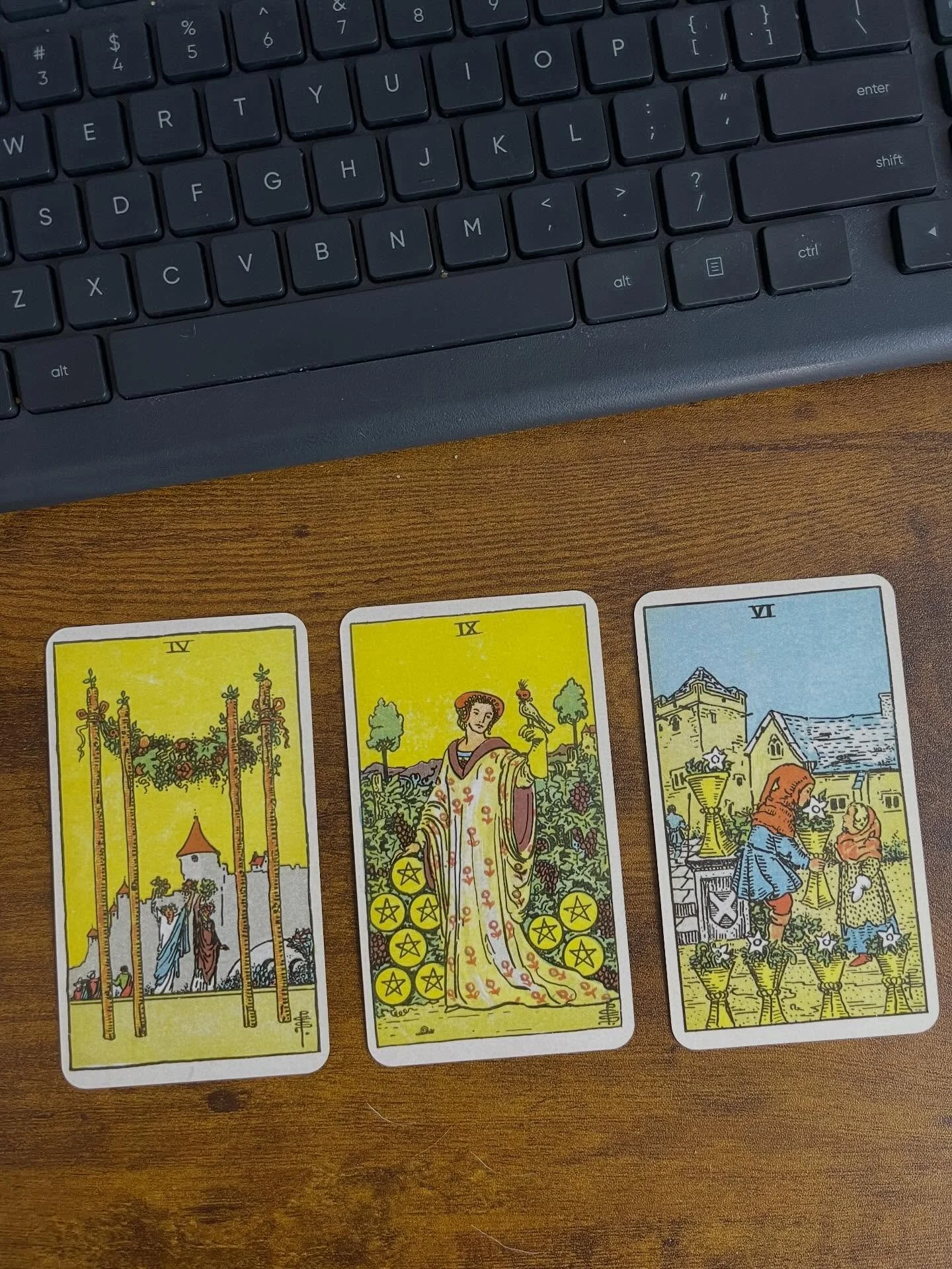 three cards whenever possible until the deck runs dry:

goodness another lovely little spread full of good vibes. 

four of wands is the open door to a party. apparently the only wands card with fruit on it? and later we have the only cups card with 