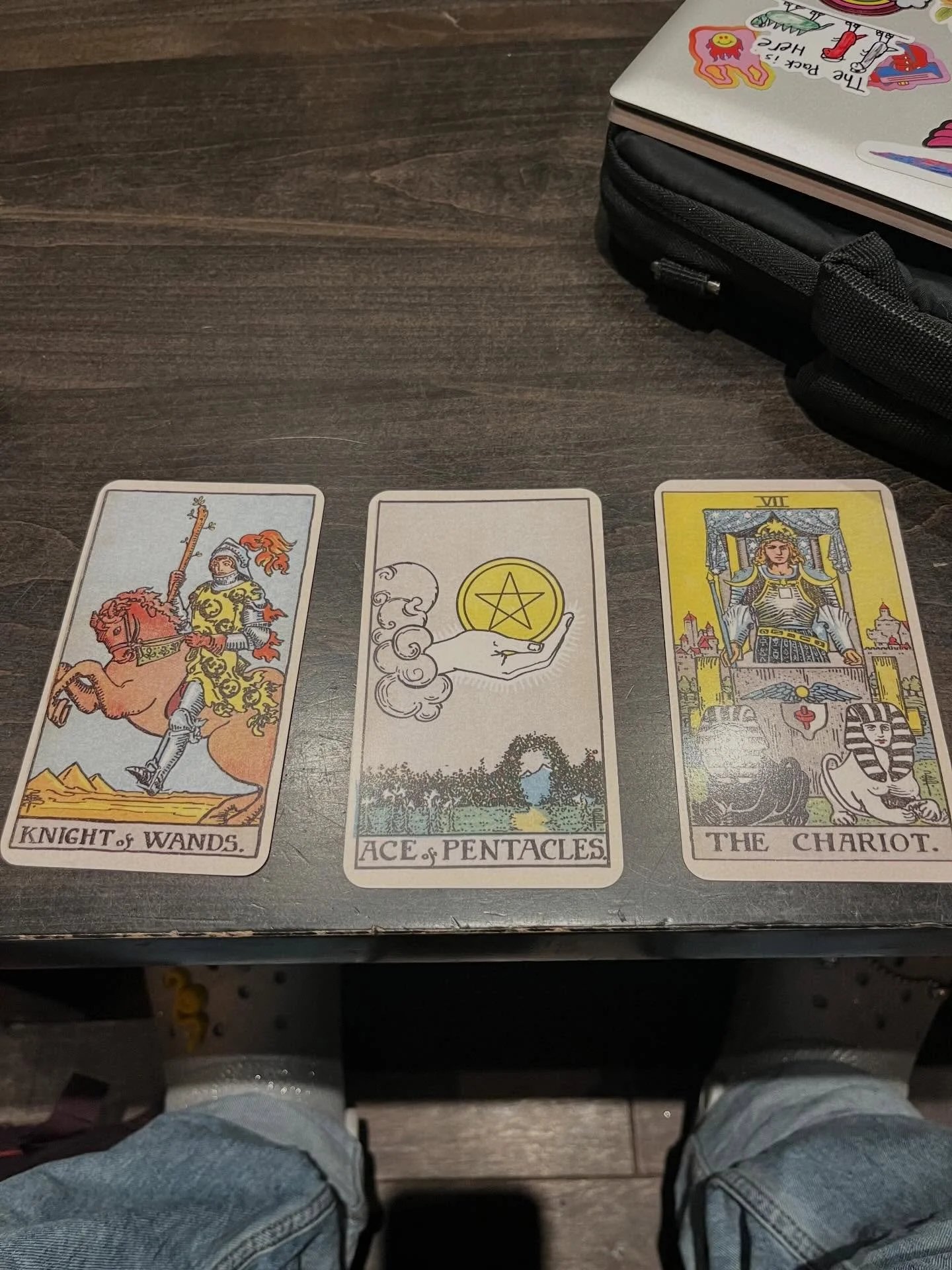 three cards whenever possible until the deck runs dry

holy mackerel what a nice set of cards - is this because i just got a prescription for adhd meds?

knight of wands is a fiery but level-headed rider on a fiery and pissed off horse. how much spac