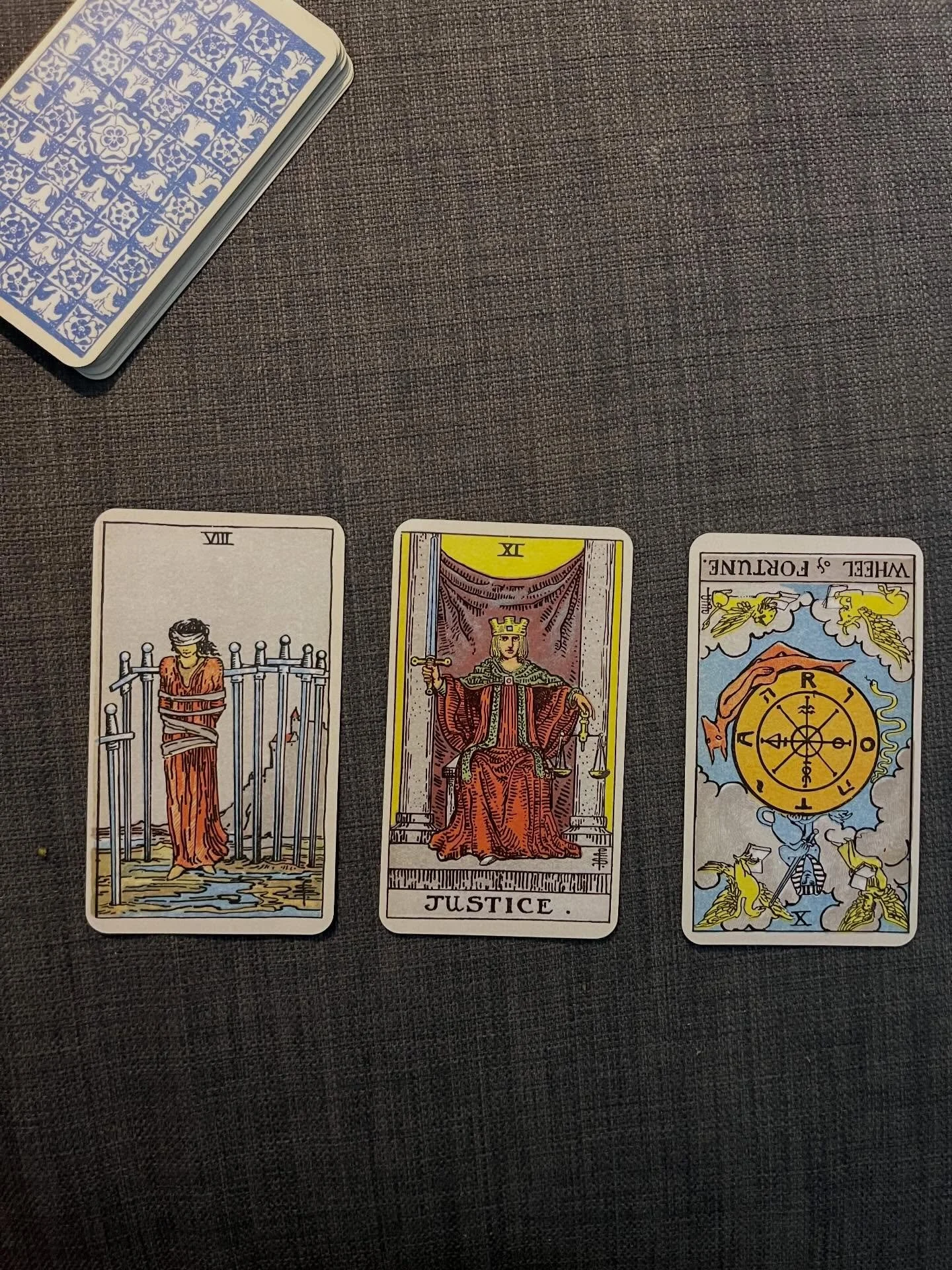 holy cripes ok
three cards pulled until the deck runs dry and we are getting down to the wire!

8 of swords is a good one to give your head a shake. you&rsquo;re feeling trapped, bound, afraid, but the bonds are loose and the threats around you are a