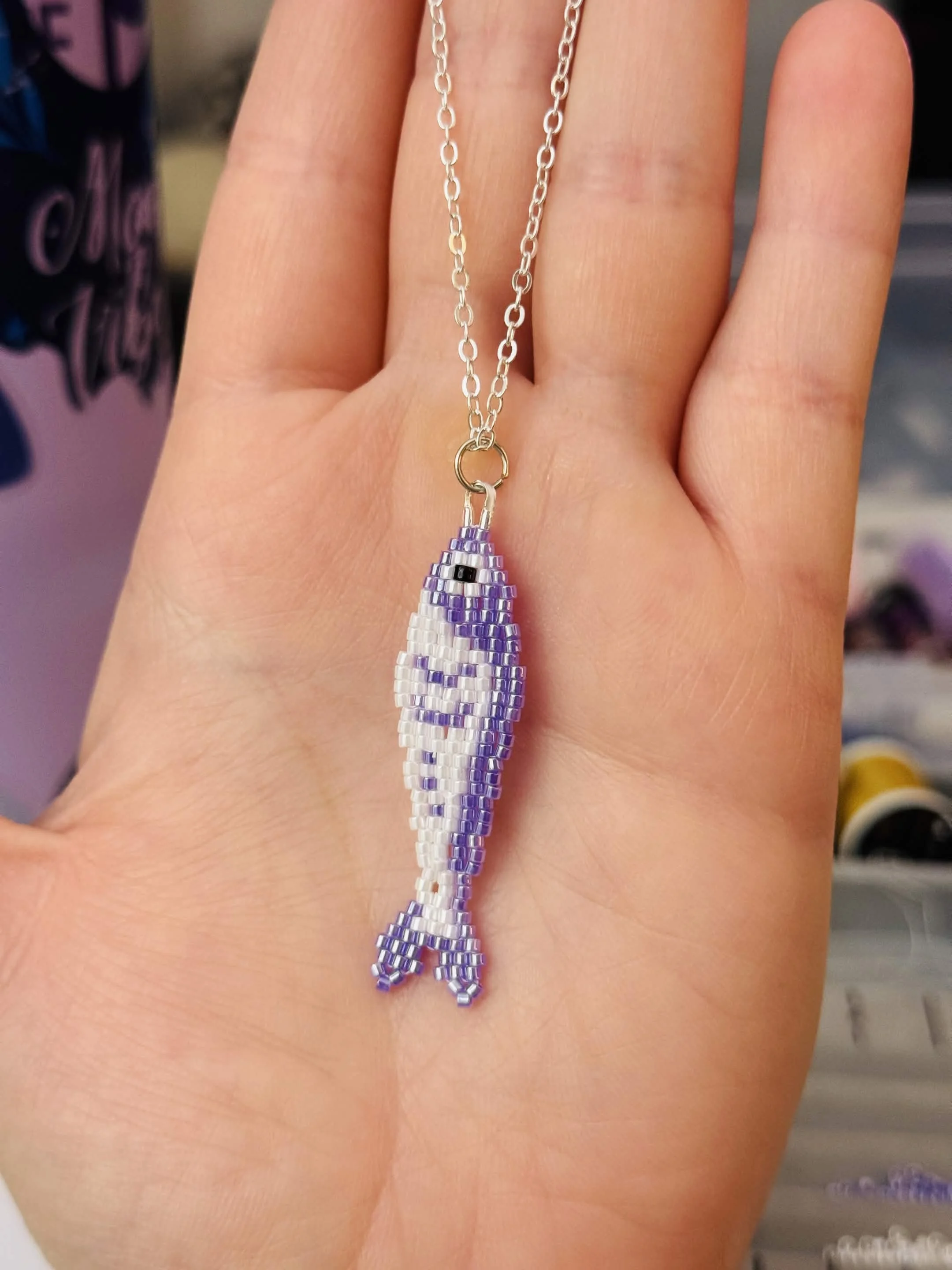 Purple and White Beaded Fish Necklace