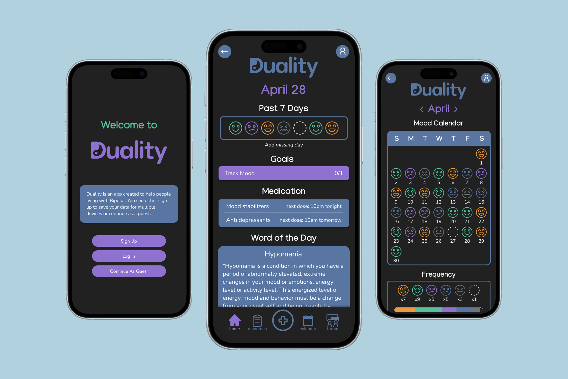Mobile app mockup for duality