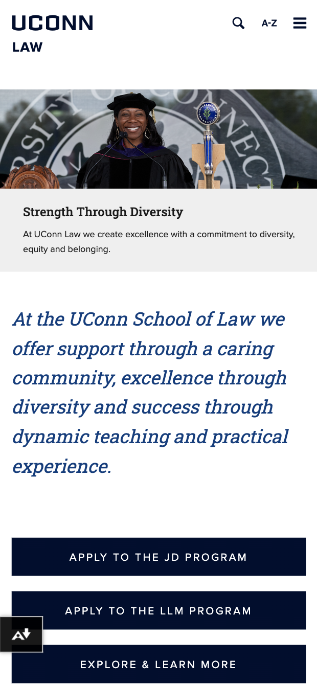 UConn Law homepage mobile view
